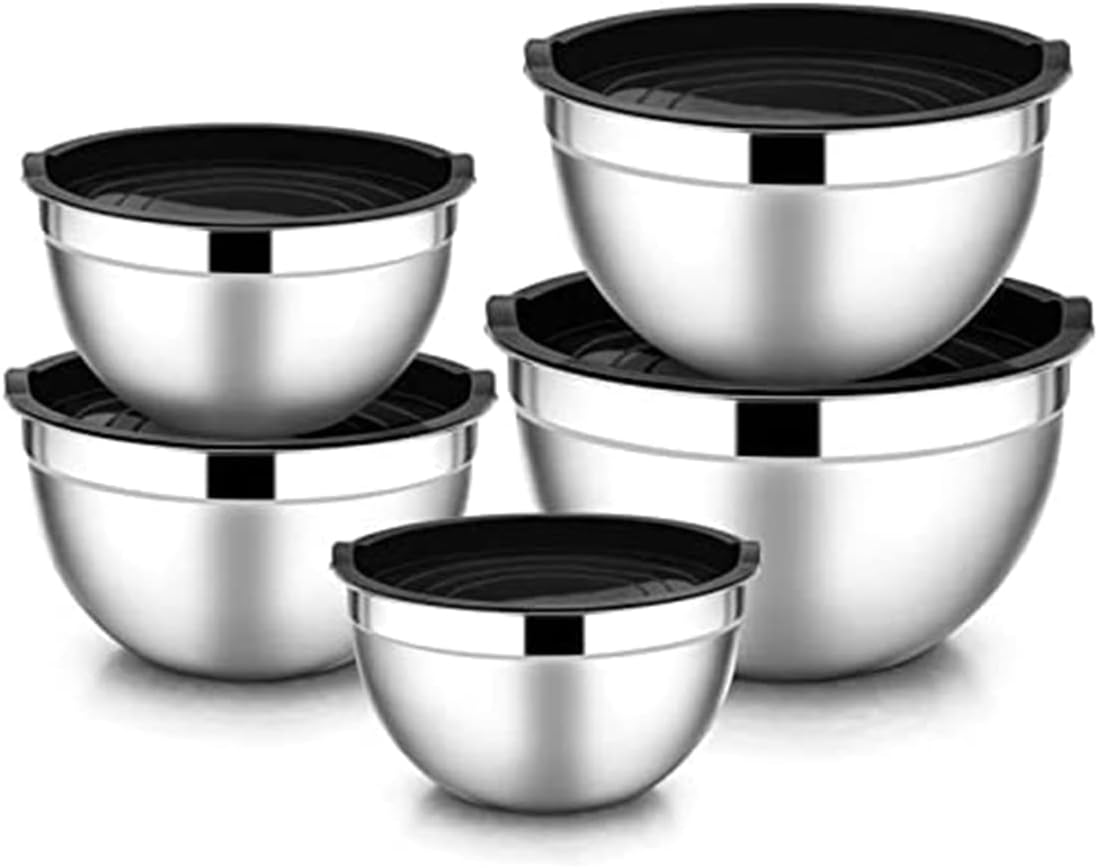 Salatschüsseln Aus Edelstahl – 5er-set – Schwarz Und Silber – Luftdichte Deckel – Für Küche Und Backen – 14 Bis 26 Cm