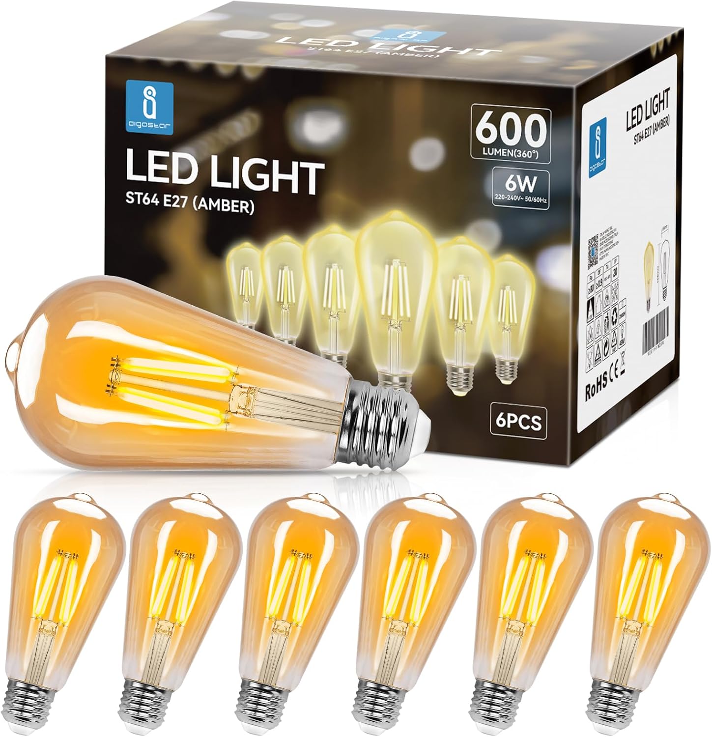 E27 Led-lampe – 6er-pack – Bernsteinfarbenes Glas St64 – 6 W, 600 Lumen – Retro-beleuchtung – Für Zuhause Und Gewerbe