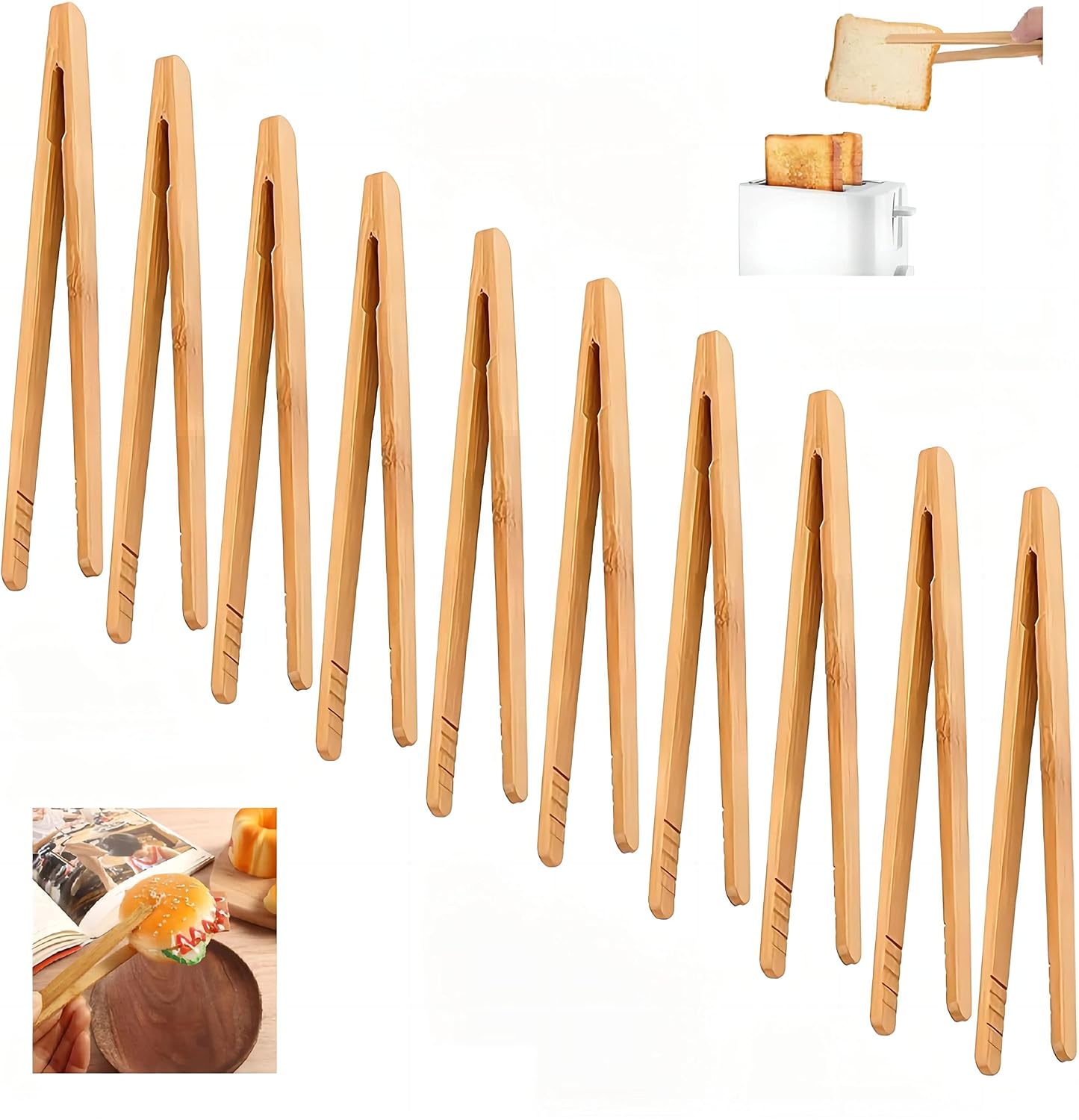 Küchenzangen Aus Bambus – 12-teilig – Natur – Rutschfest – Für Toaster Und Teebereiter – 14 Cm