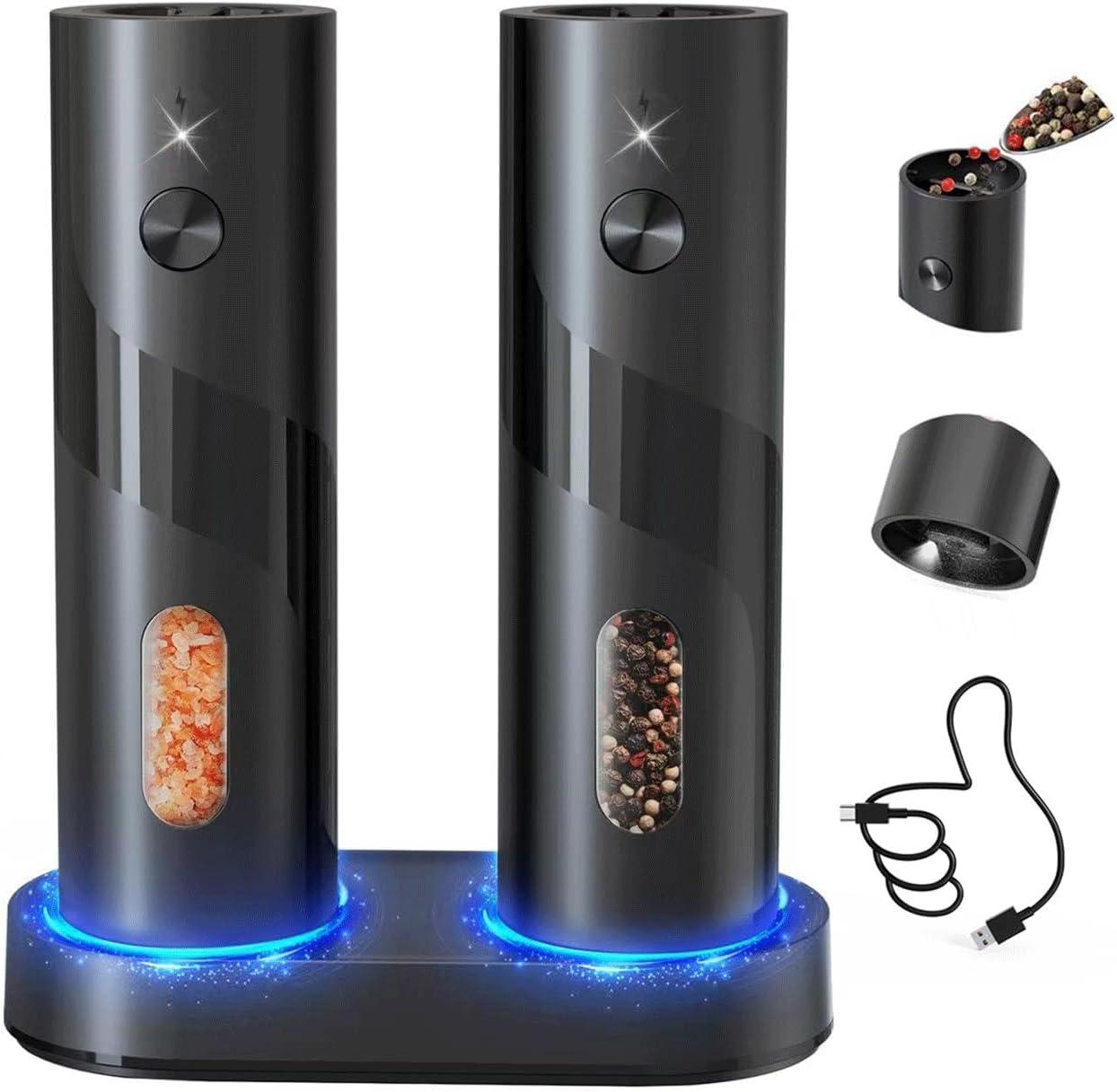 Elektrische Salz- Und Pfeffermühle – 2er-set – Wiederaufladbar – Mahlgrad Einstellbar – Weiße Led – 110 Ml – Schwarz
