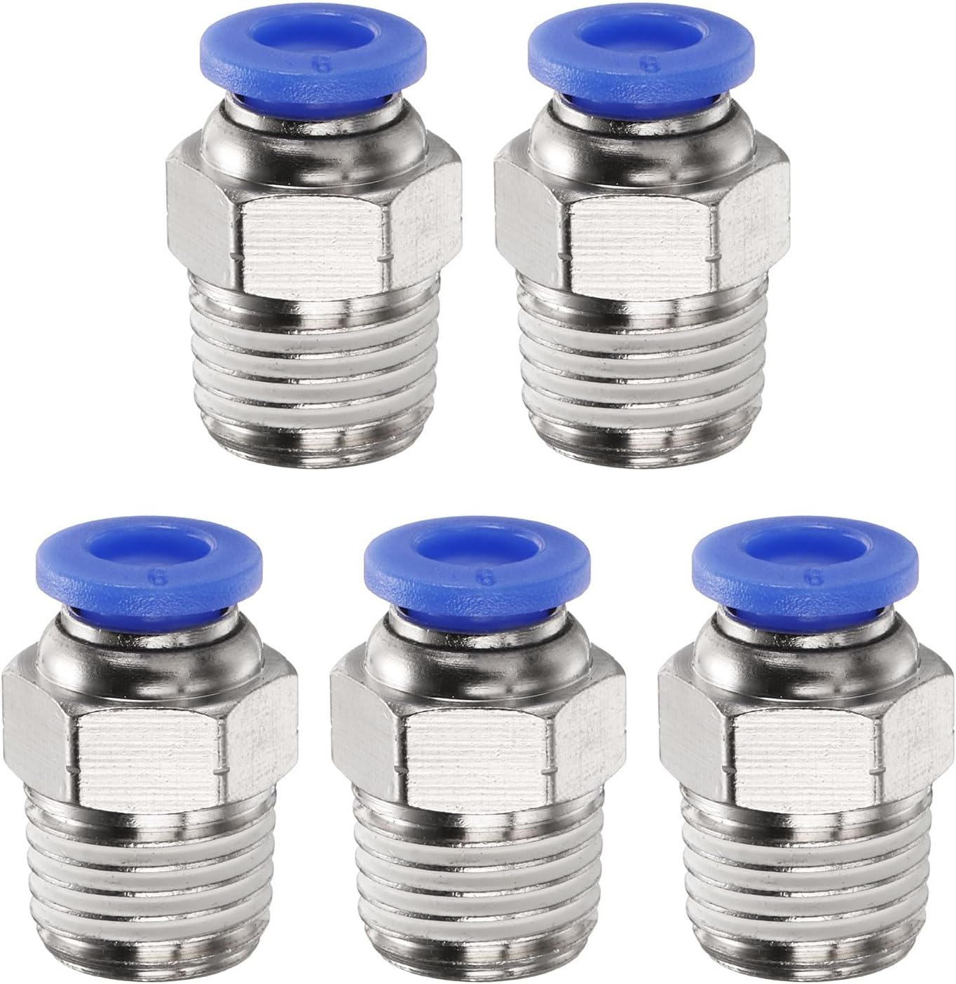 Gerade Steckverschraubung – 5er-pack – Vernickeltes Messing Und Pbt – 6-mm-rohranschluss, 1/4-npt-gewinde – Industrielle Pneumatiksysteme – Blau