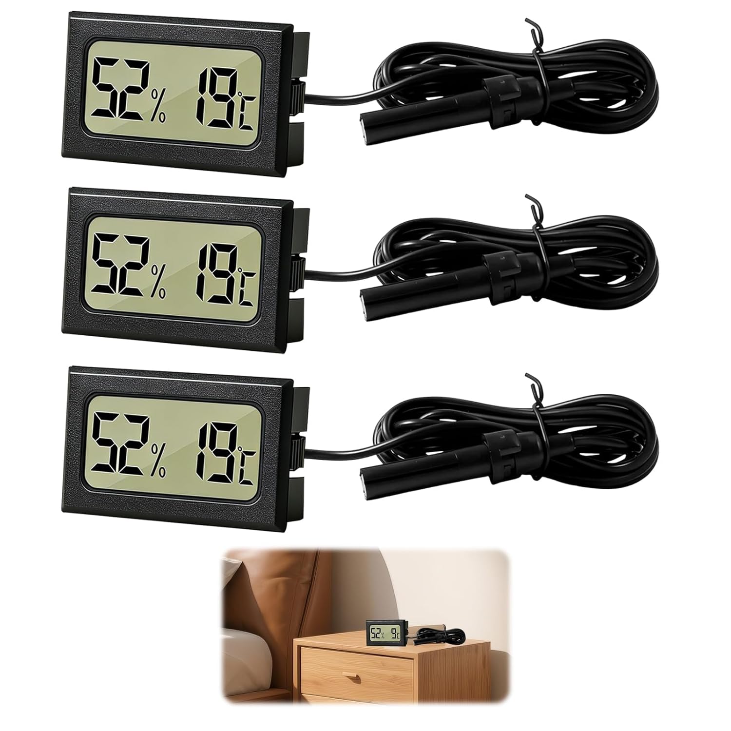Digitales Thermometer-hygrometer – 3er-pack – Schwarzes Abs – Präzise Externe Sonde – Für Reptilien, Gewächshäuser, Keller – Klares Lcd-display