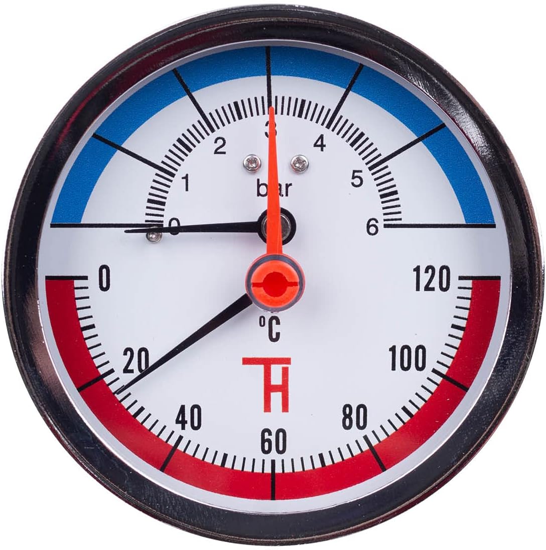 Thermomanometer 0–6 Bar 0–120 °c – 1 Stück – Schwarzes Metall – Druck- Und Temperaturmessung – Warmwasserbereitung – Zifferblatt 80 Mm G1/2