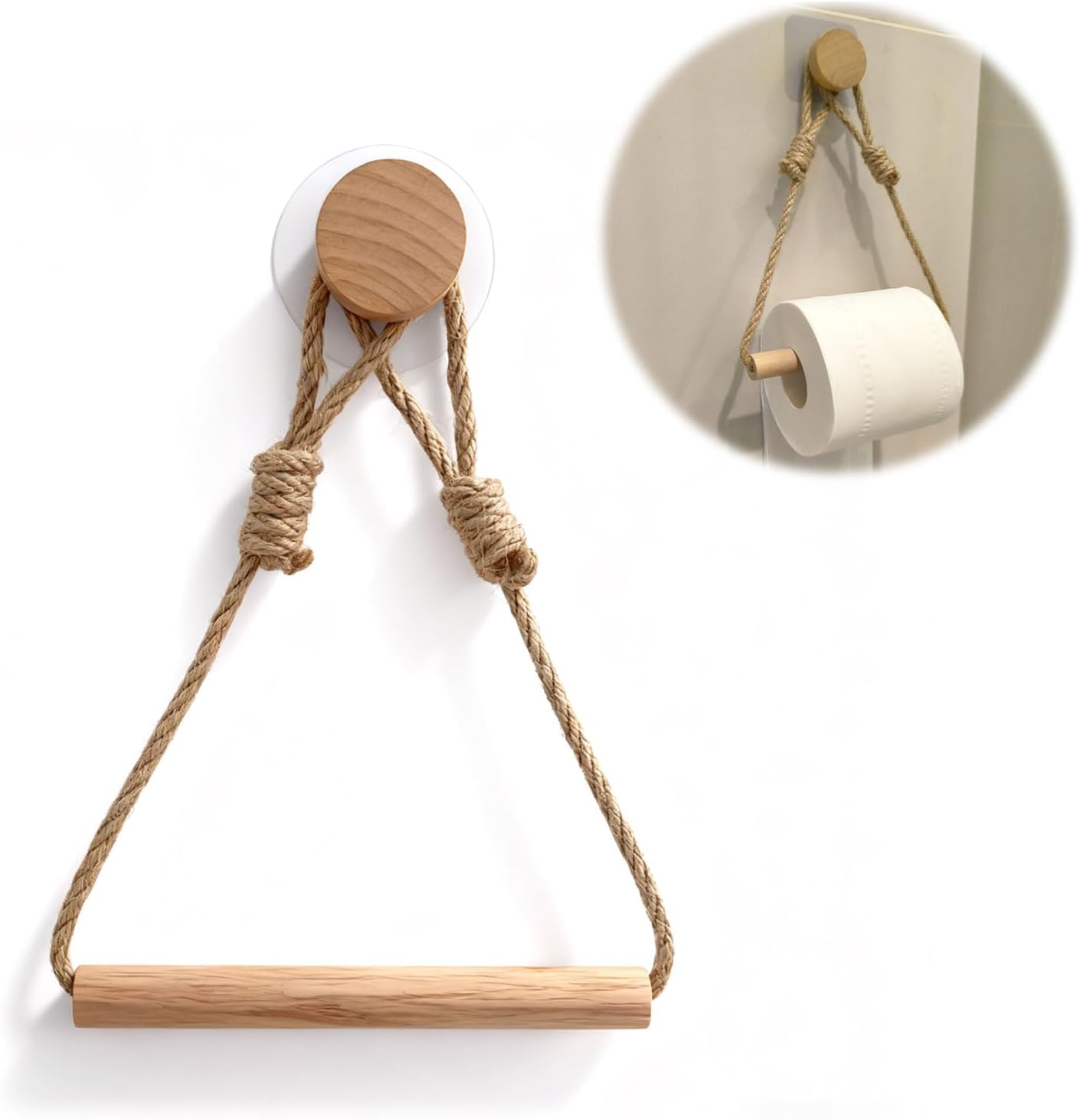 Toilettenpapierhalter – 1 Stück – Jute Und Naturholz – Selbstklebende Montage Ohne Bohren – Badezimmer Im Bohème-stil – Rustikales Design
