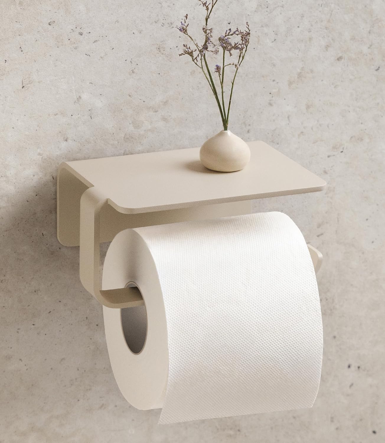 Wandmontierter Toilettenpapierhalter – 1 Stück – Mattes Aluminium – Selbstklebende Montage Ohne Bohren Mit Ablage – Modernes Badezimmer – Taupe Sand