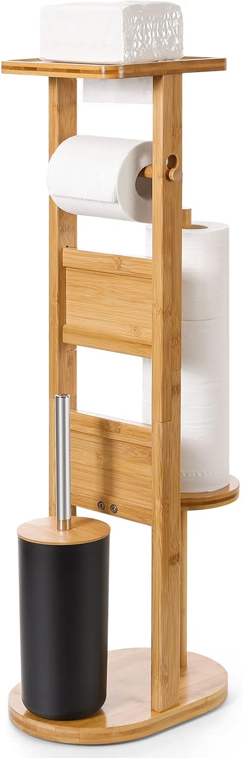 Freistehender Toilettenpapierhalter Aus Bambus – 1 Stück – Natürlicher Stil – Mit Halterung Für Handy Und Bürste – Für Moderne Badezimmer – Bambusfarbe