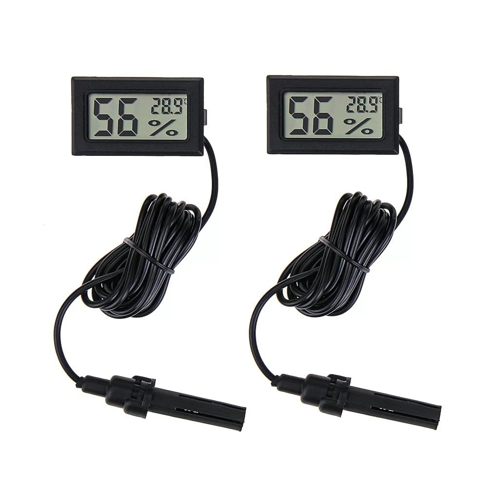 Digitales Thermometer-hygrometer – 2er-pack – Kompaktes Kunststoffgehäuse – Präzise 1,5 M Lange Sonde – Für Zuhause, Gewächshaus Und Aquarium – Schwarzes Lcd-display
