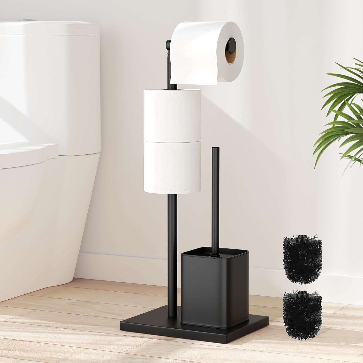 Toilettenpapierhalter Mit Bürste – 1 Set – Mattschwarzer Edelstahl – Freistehend, Kein Bohren Erforderlich – Für Moderne Badezimmer – Kompakte Abmessungen