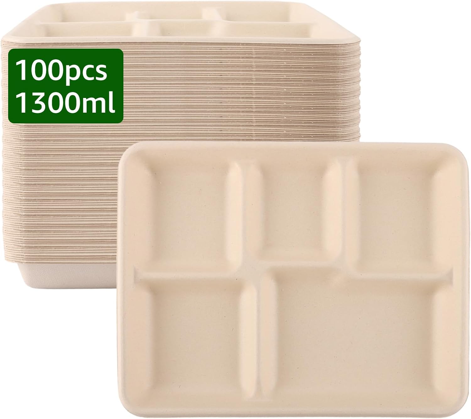 Pappteller Mit 5 Fächern – 100er-packung – Papierbrei – 26 X 21 Cm – Fettabweisend – Für Buffets Und Partys