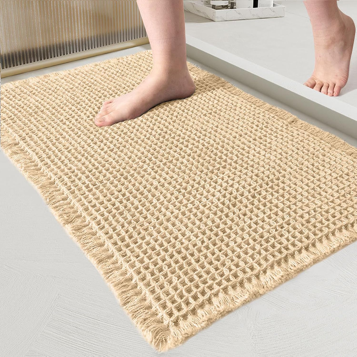 Waffel-badematte Aus Baumwolle – 1 Stück – Naturbeiger Stoff – Schnell Saugfähig Und Rutschfest – Für Dusche Und Badewanne – 60 X 90 Cm