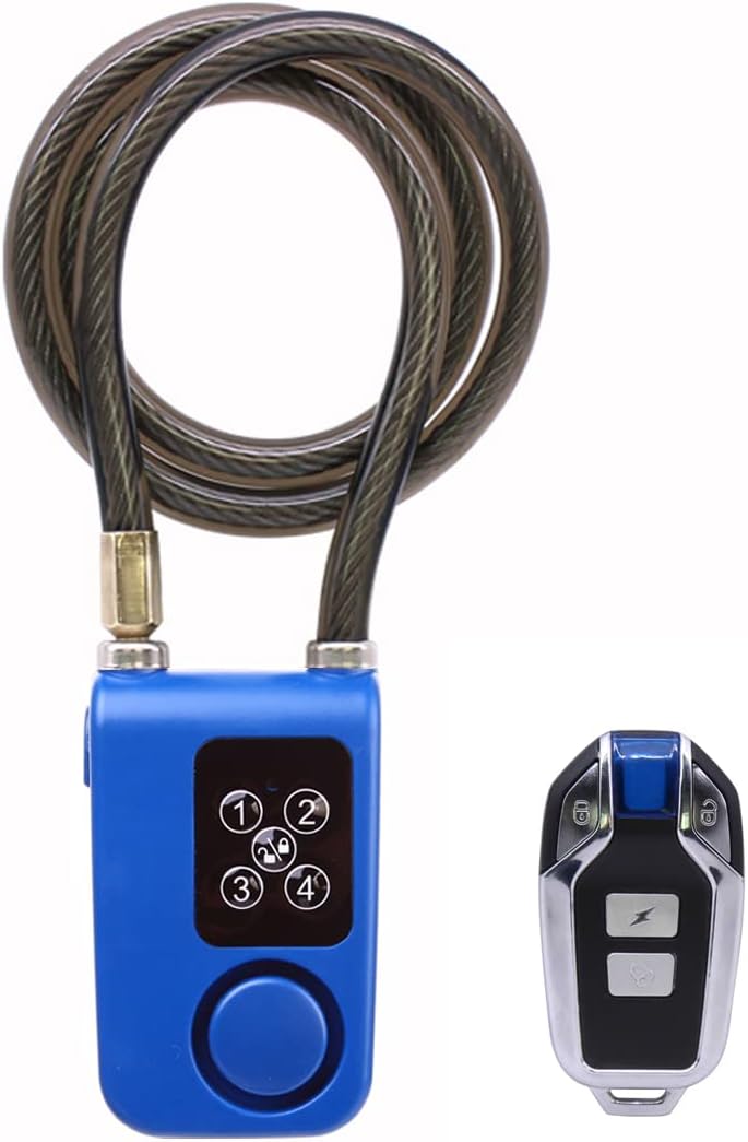 Fahrradschloss Mit Alarm – 1 Stück – Stahl Und Abs – Fernbedienung Und Code – Motorrad, Tor, Roller – 80 Cm, Blau