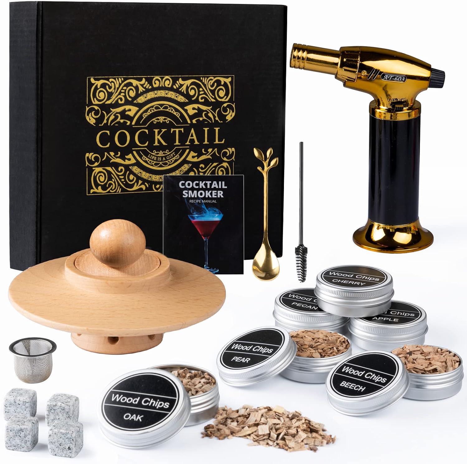 Whisky-räucherset – 6 Holzchips Und 4 Granitsteine – Butanfreier Brenner – Für Old Fashioned Cocktails