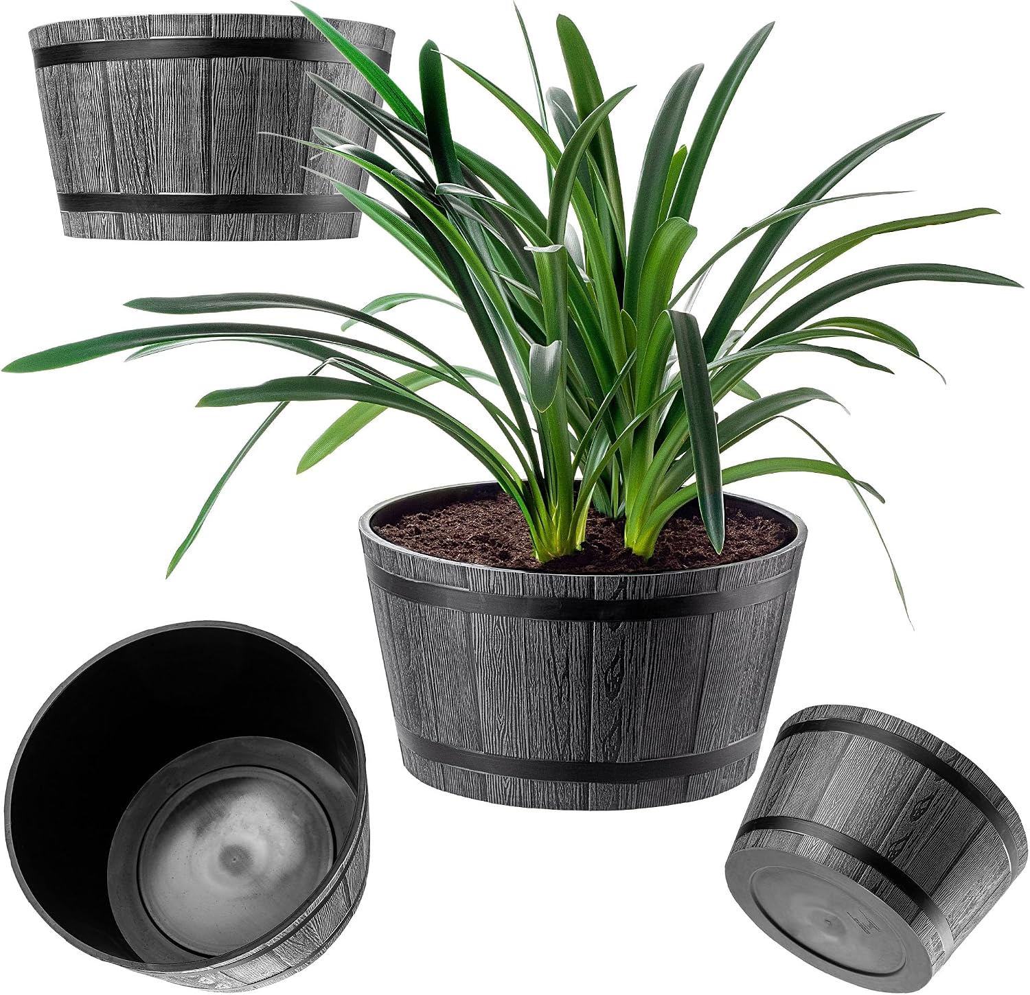 3er-set Fassförmige Blumentöpfe – Kunststoff In Holzoptik – Frost- Und Uv-beständig – Für Garten, Terrasse Und Balkon – Durchmesser 23, 30 Und 40 Cm – Mokkabraun