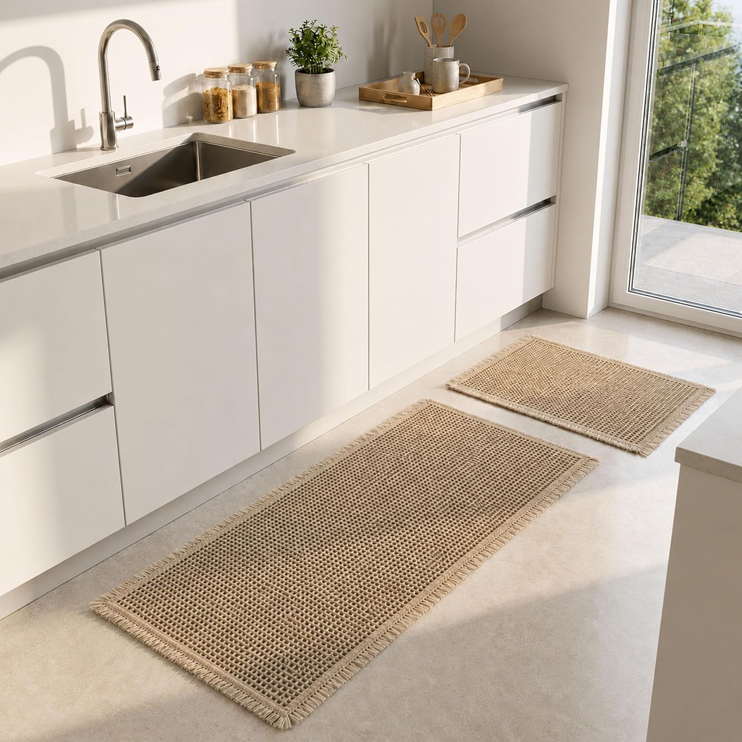 Set Mit 2 Badematten Im Boho-stil – Braun – Weiche Baumwolle Mit Rutschfester Unterseite – Schnell Absorbierend Für Bad Und Wohnzimmer – 50 X 121 Cm Und 43 X 61 Cm