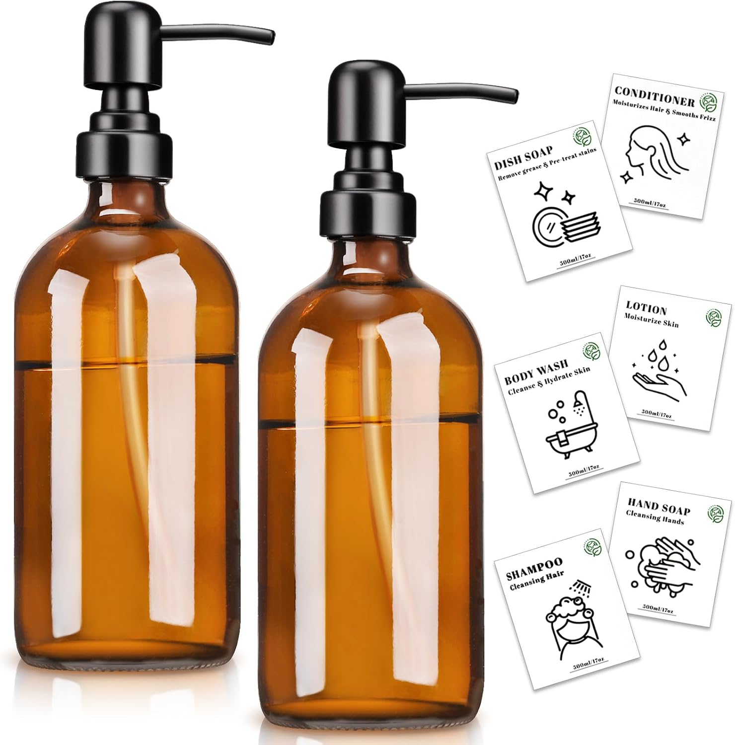 Seifenspender Aus Bernsteinfarbenem Glas – 2er-set – Glas Und Edelstahl – Hochleistungspumpe, 500 Ml – Für Küche Und Bad – Mattschwarz