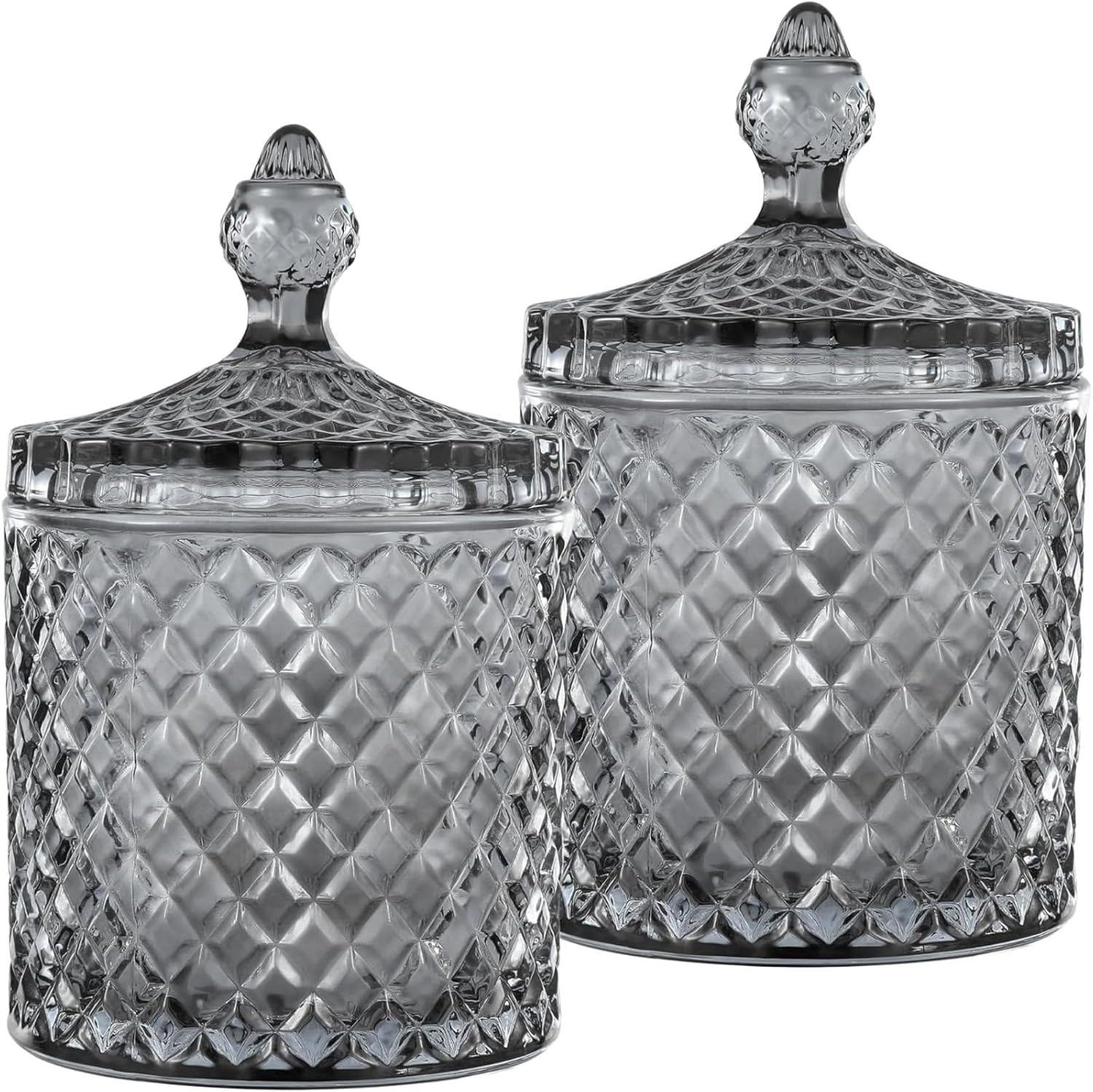 Set Mit 2 Grauen Glasbehältern – Facettiertes Design – Spender Für Wattebällchen Und Wattestäbchen – Aufbewahrung In Bad Und Küche – Durchmesser 8 Cm