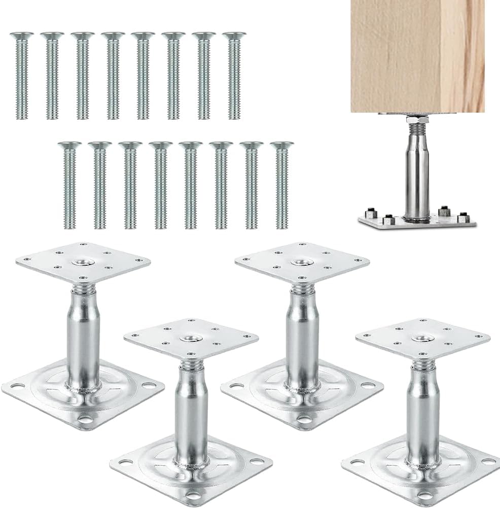 Set Mit 4 Verstellbaren Pfostenstützen – Verzinkter Stahl – Verstellbereich 100–150 Mm – Für Terrassen Und Pergolen – Sockel 75 X 75 Mm