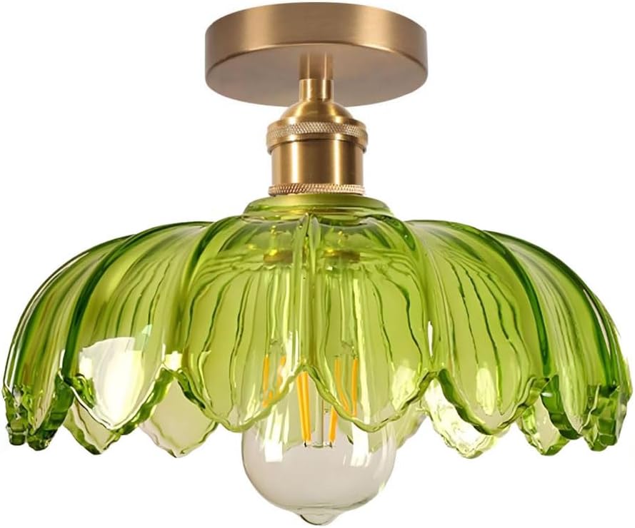 Grüne Glas-deckenleuchte – 1-flammig – Messing Und Glas – Vintage-blumenmuster – Wohnzimmer, Schlafzimmer, Flur – Durchmesser 25 Cm