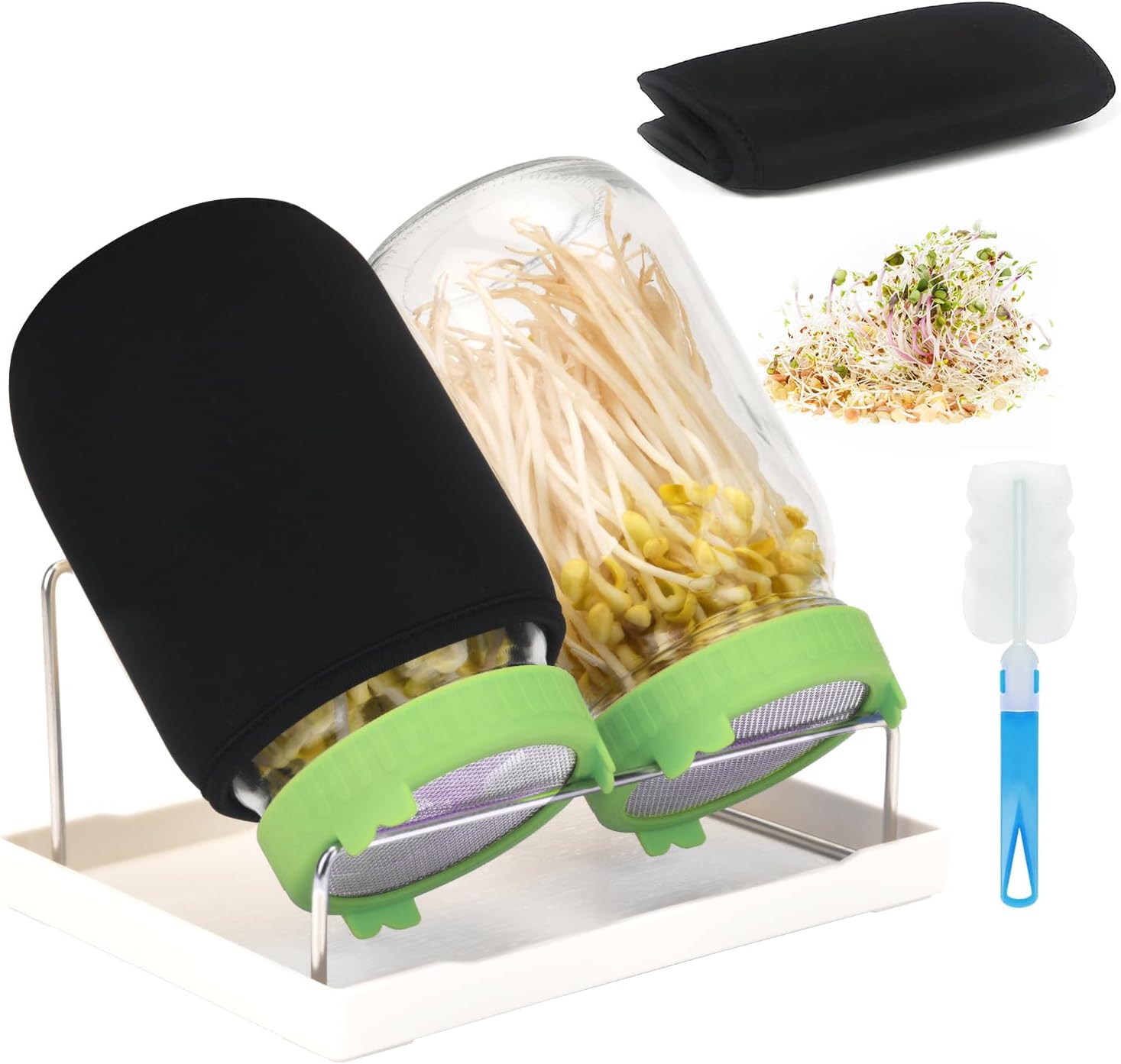 Keimglas – 2 X 1000 Ml – Borosilikatglas Und Edelstahl – Komplettes Keimset Mit Ständer – Für Gesundes Kochen – Grün