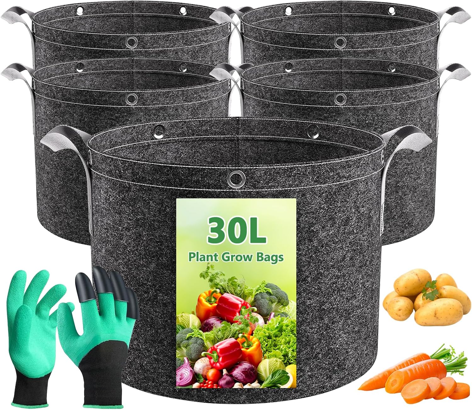 30-liter-pflanzsäcke Aus Vliesstoff – 5er-pack Mit Tragegriffen Und Handschuhen – Atmungsaktiv Für Kartoffeln, Tomaten, Erdbeeren – Garten, Balkon