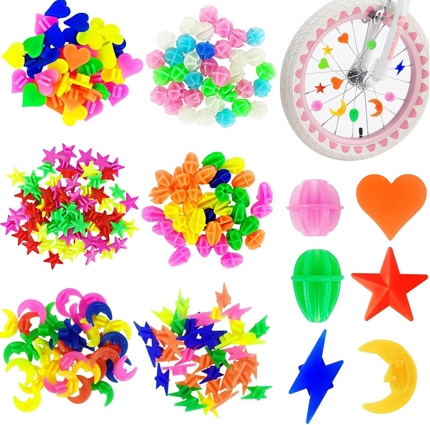 Fahrradspeichenperlen – 249 Stück – Buntkunststoff – Reflektierender Zierclip – Für Mädchen Und Jungen – 8 Farben, 6 Formen