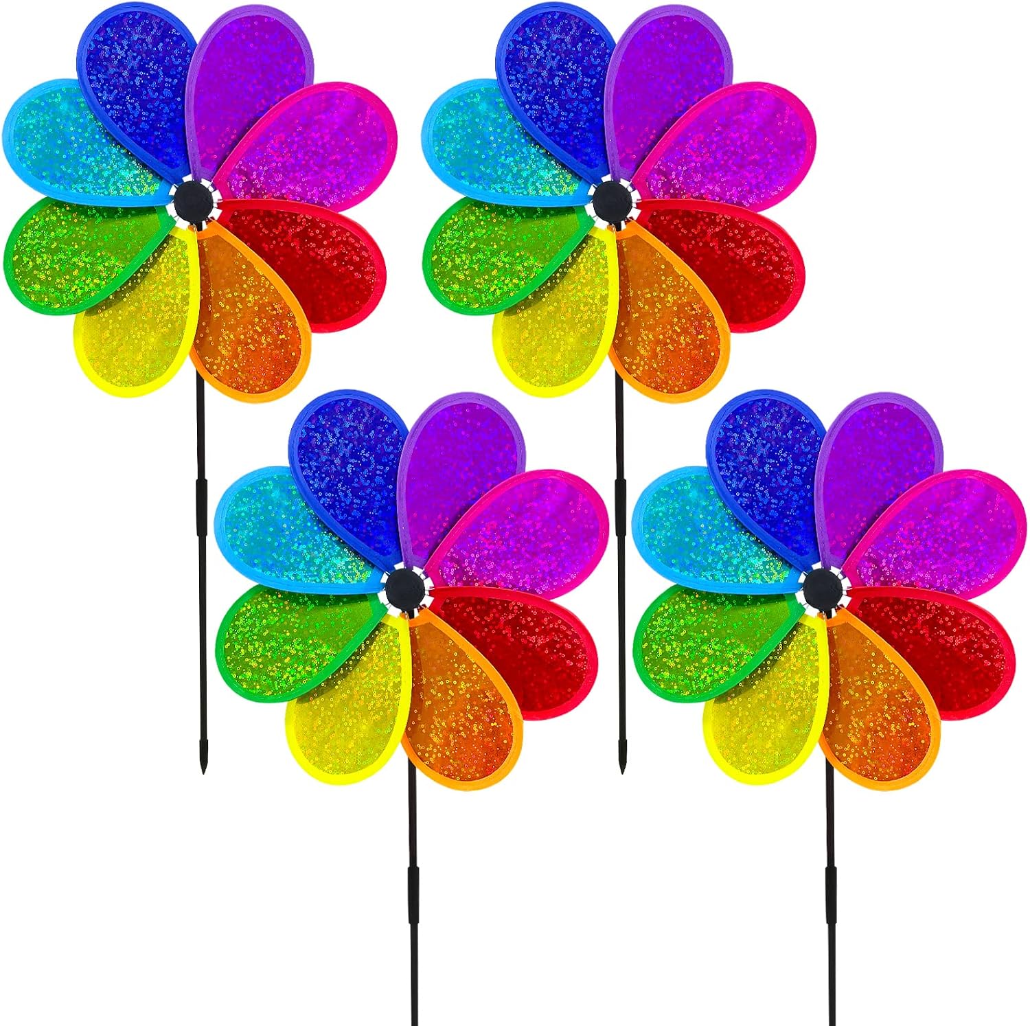 Gartenwindmühle – 4er-set – Kunststoff Und Fiberglas – 30 Cm Regenbogen-spinner – Außendekoration Und Vogelabwehr