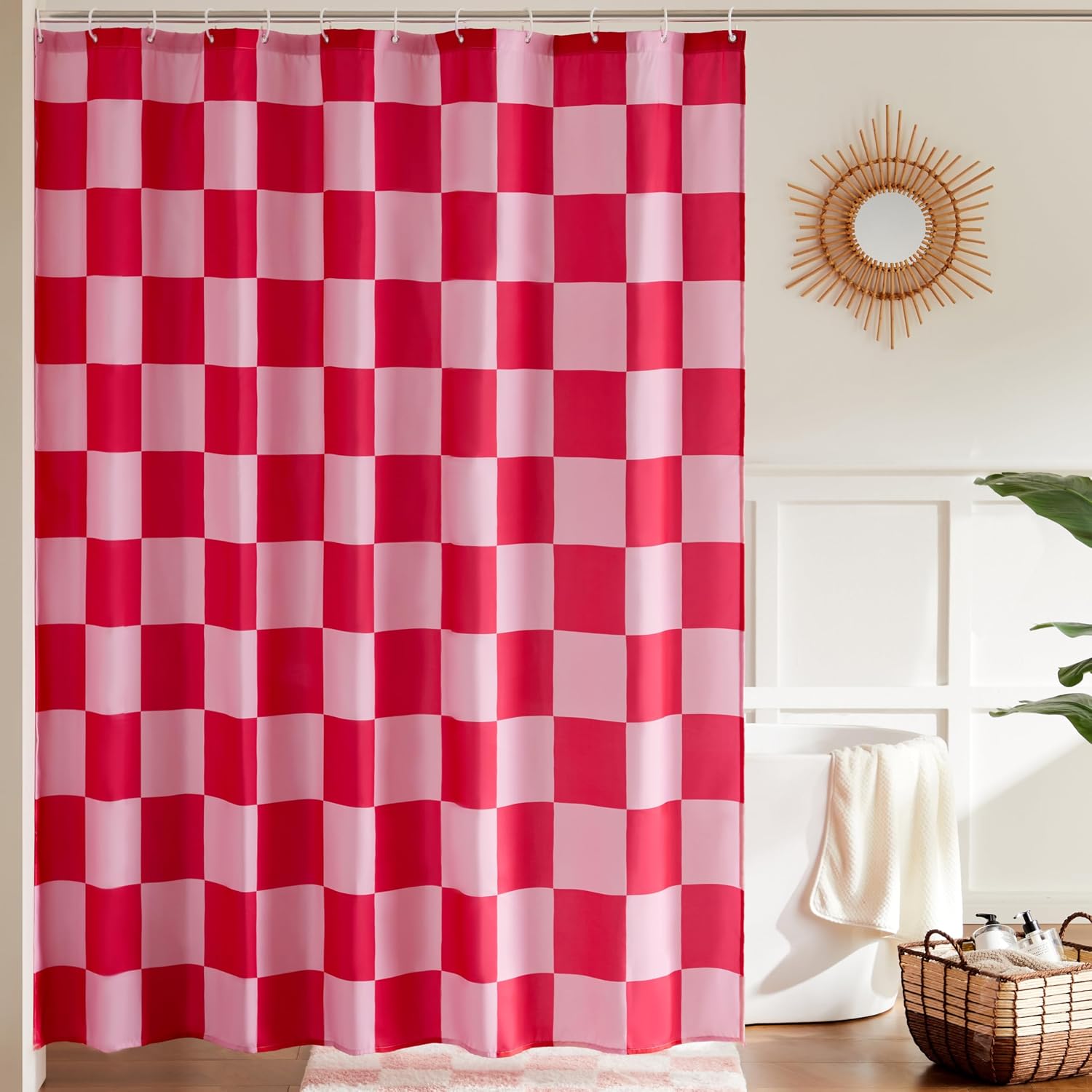 Rosa Karierter Duschvorhang – 1-teilig – Dickes Polyestergewebe – Wasserdicht Und Waschbar – Für Badezimmer Im Retro-stil – 183 X 183 Cm