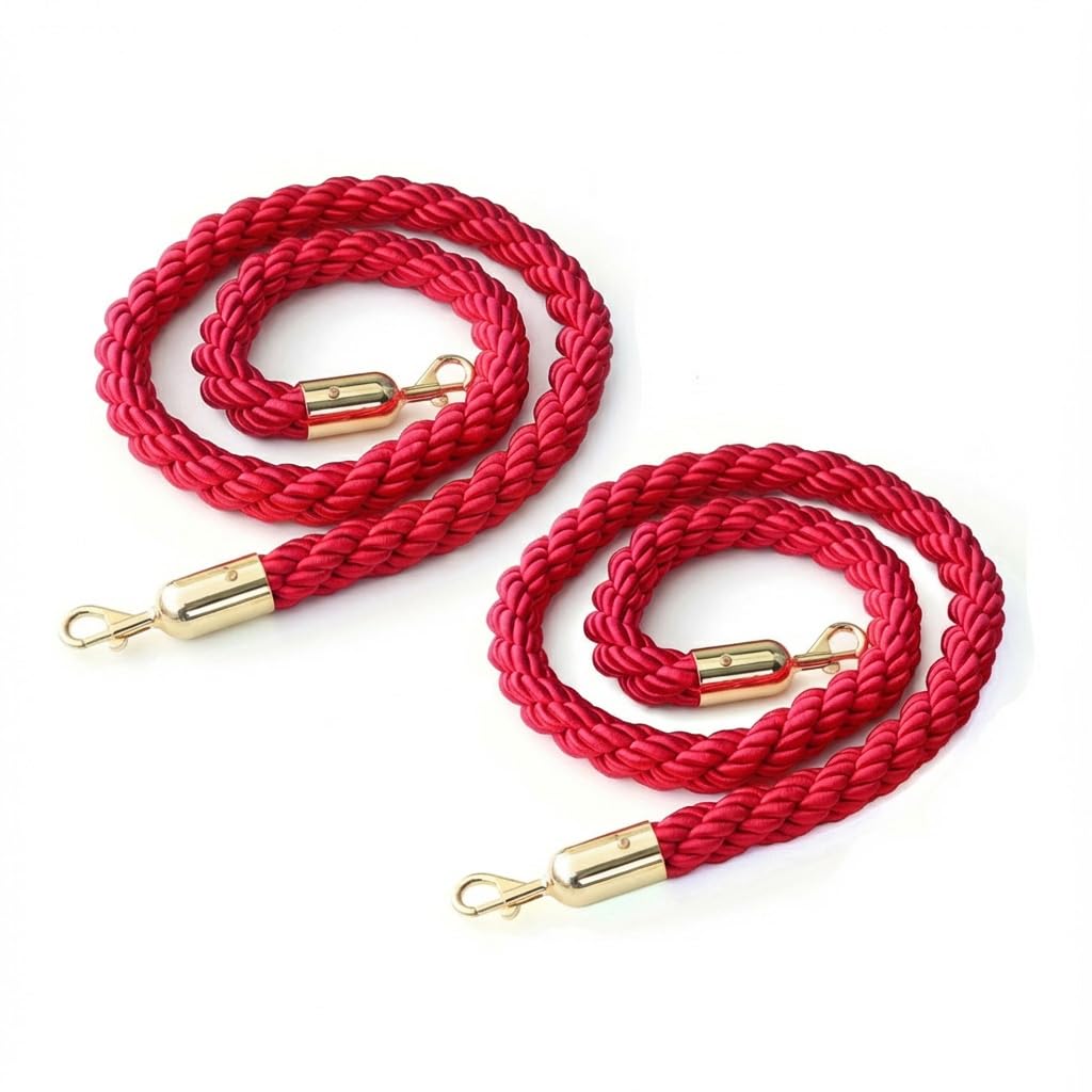 Absperrseile – 2er-set – Rot-goldenes, Geflochtenes Nylon – Karabiner Aus Edelstahl – Für Warteschlangenmanagement In Hotels Und Bei Veranstaltungen – 150 Cm, Ø 32 Mm