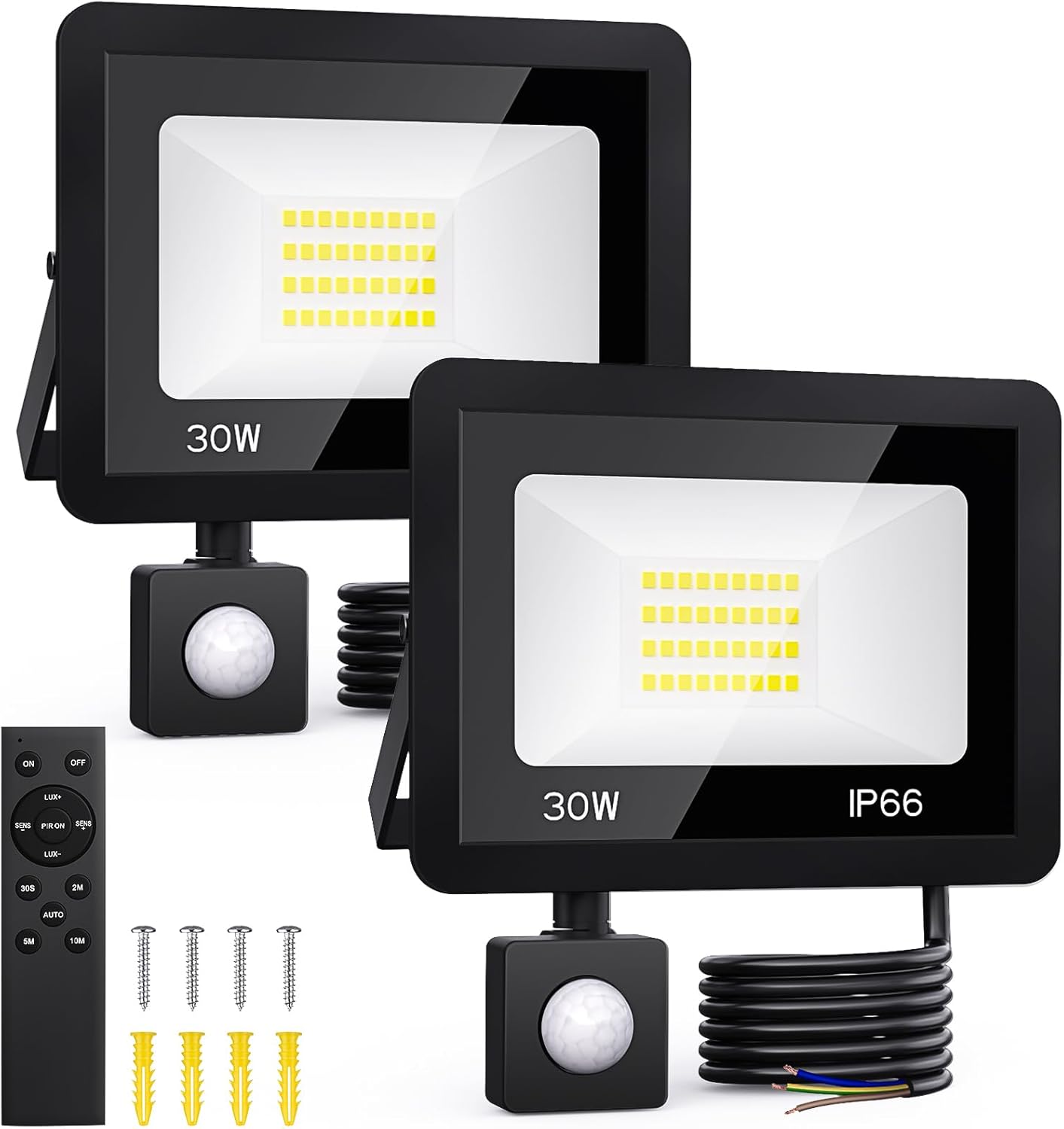 30-w-led-flutlicht – 2er-pack – Aluminium, Schutzart Ip66 – Pir-bewegungsmelder – Fernbedienung – Kaltweiß (6500 K)