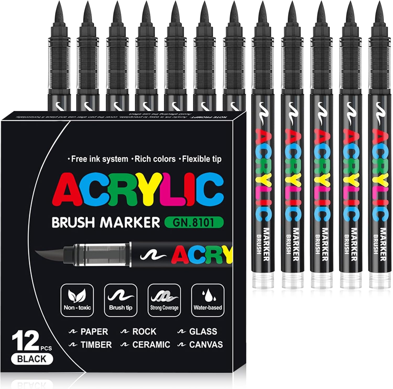 Acrylmarker – 12er-pack – Schwarze Tinte – Flexible Spitze – Für Holz, Stein, Leinwand, Keramik