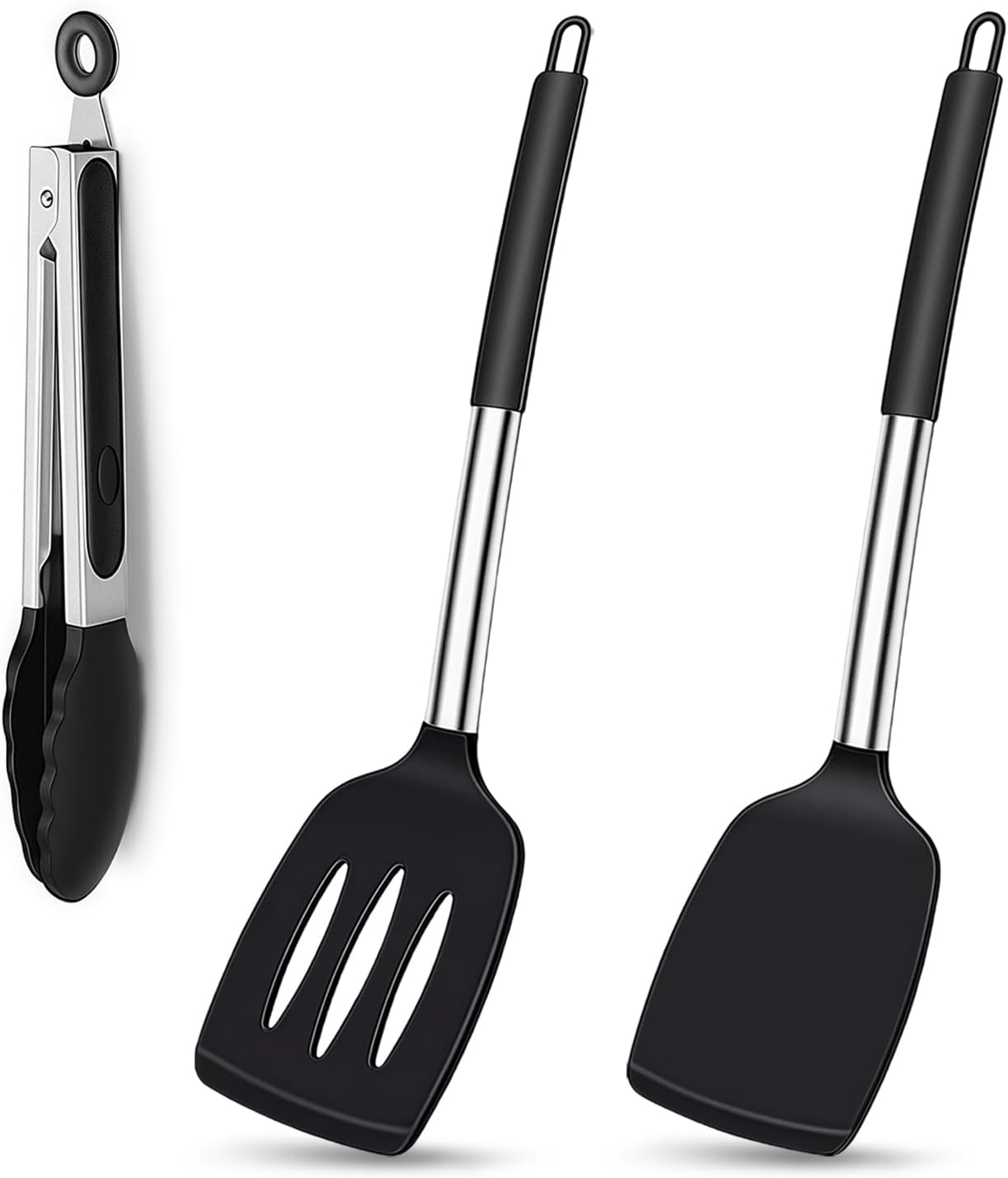 3-teiliges Küchenhelfer-set – 2 Pfannenwender Und 1 Zange – Schwarzes Silikon – Hitzebeständig Bis 200 °c – Antihaftbeschichtung – 34,5 Cm