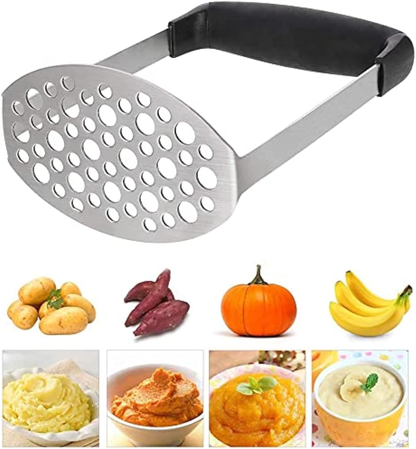 Kartoffelstampfer – 1 Stück – Edelstahl – Rutschfester Griff – Küche & Haushalt – Schwarz, 11 X 7,5 X 17,5 Cm