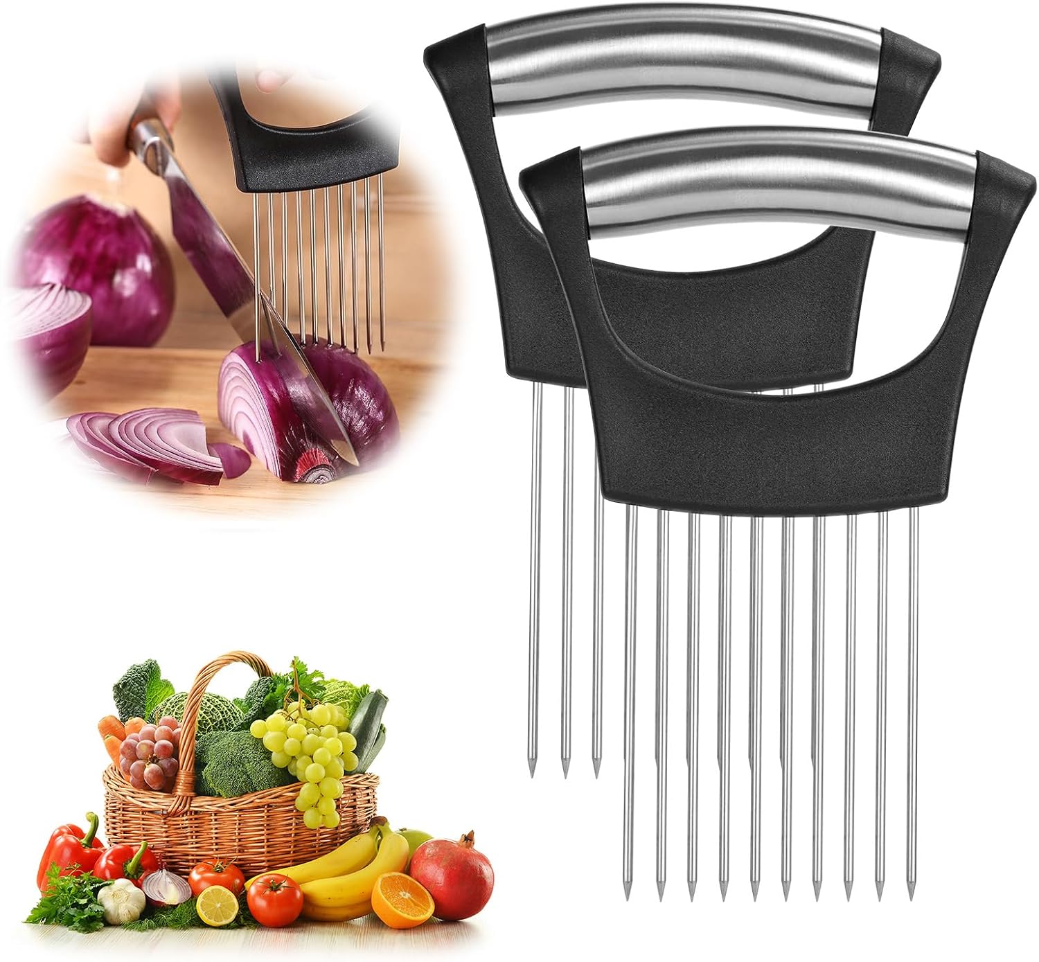 Zwiebelhalter – 2er-set – Edelstahl – Sichere Schneidführung – Für Gemüse Und Fleisch – Schwarz