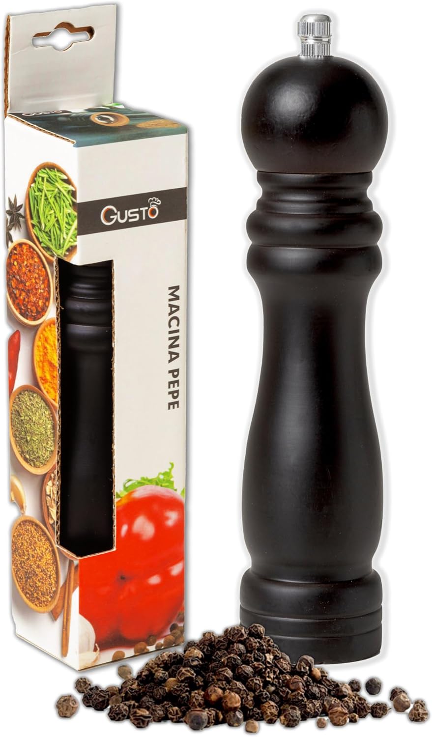 Pfeffermühle – 1 Stück – Schwarzes Holz Und Metall – Verstellbares Mahlwerk – Für Küche Und Tisch – 20 Cm
