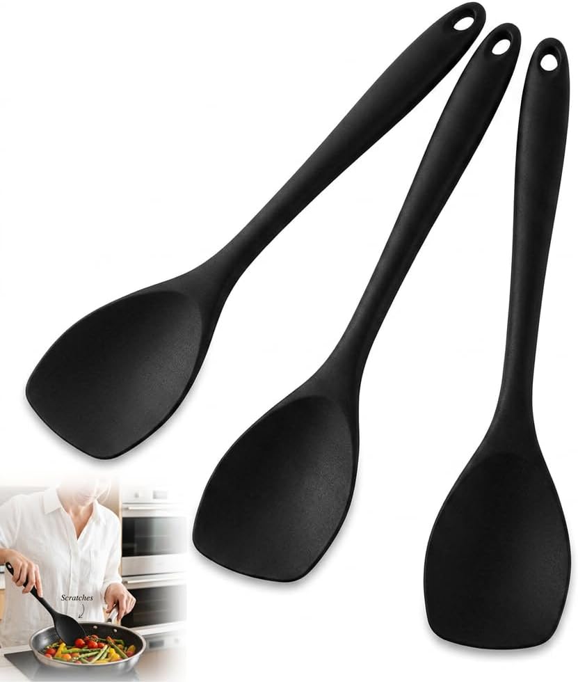 Küchenlöffel – 3er-set – Schwarzer Kunststoff – Hitzebeständig – Antihaftbeschichtet – 27,5 Cm