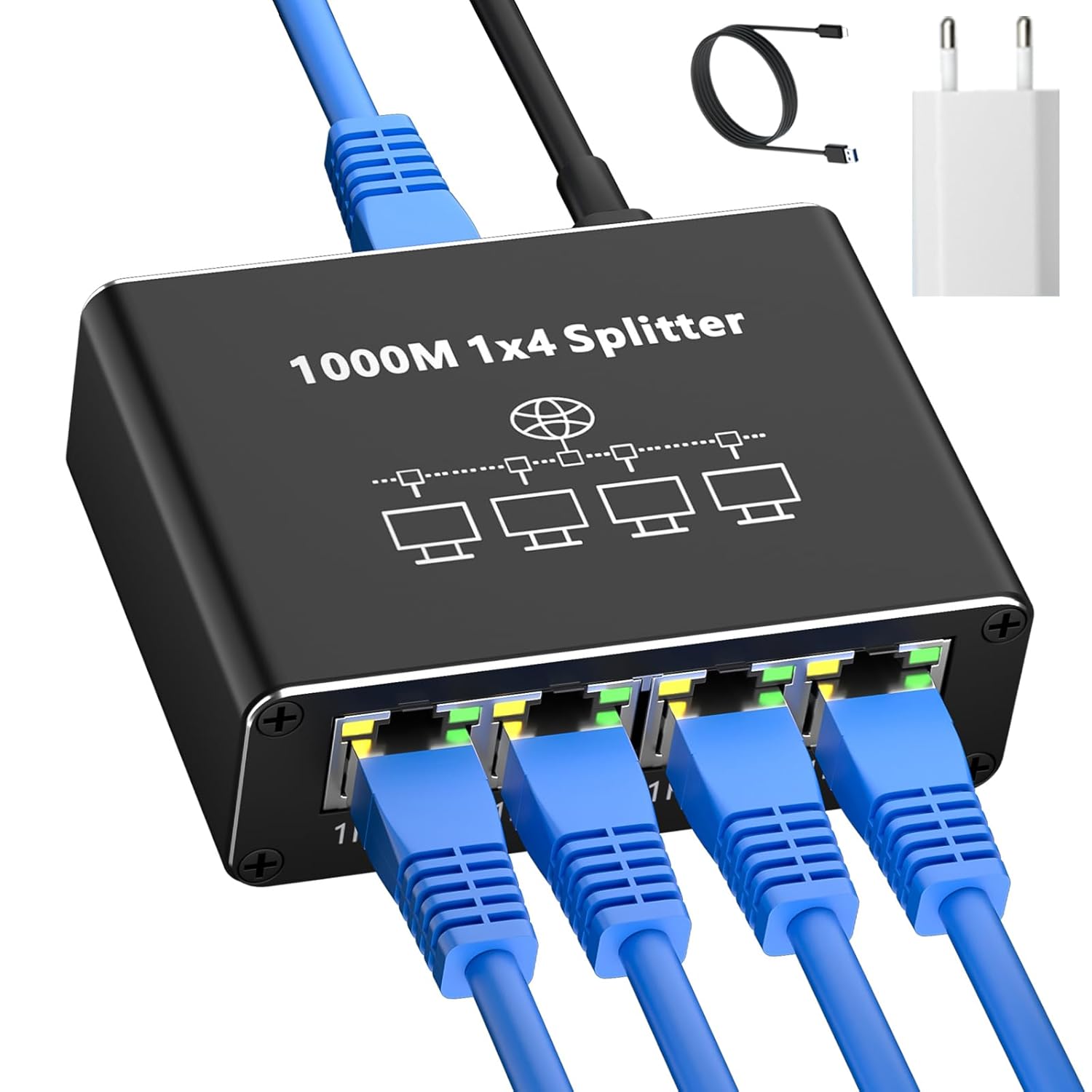 4-port Gigabit-ethernet-switch – Aluminiumgehäuse – 1000-mbit/s-rj45-hub – Mit Usb-c-kabel