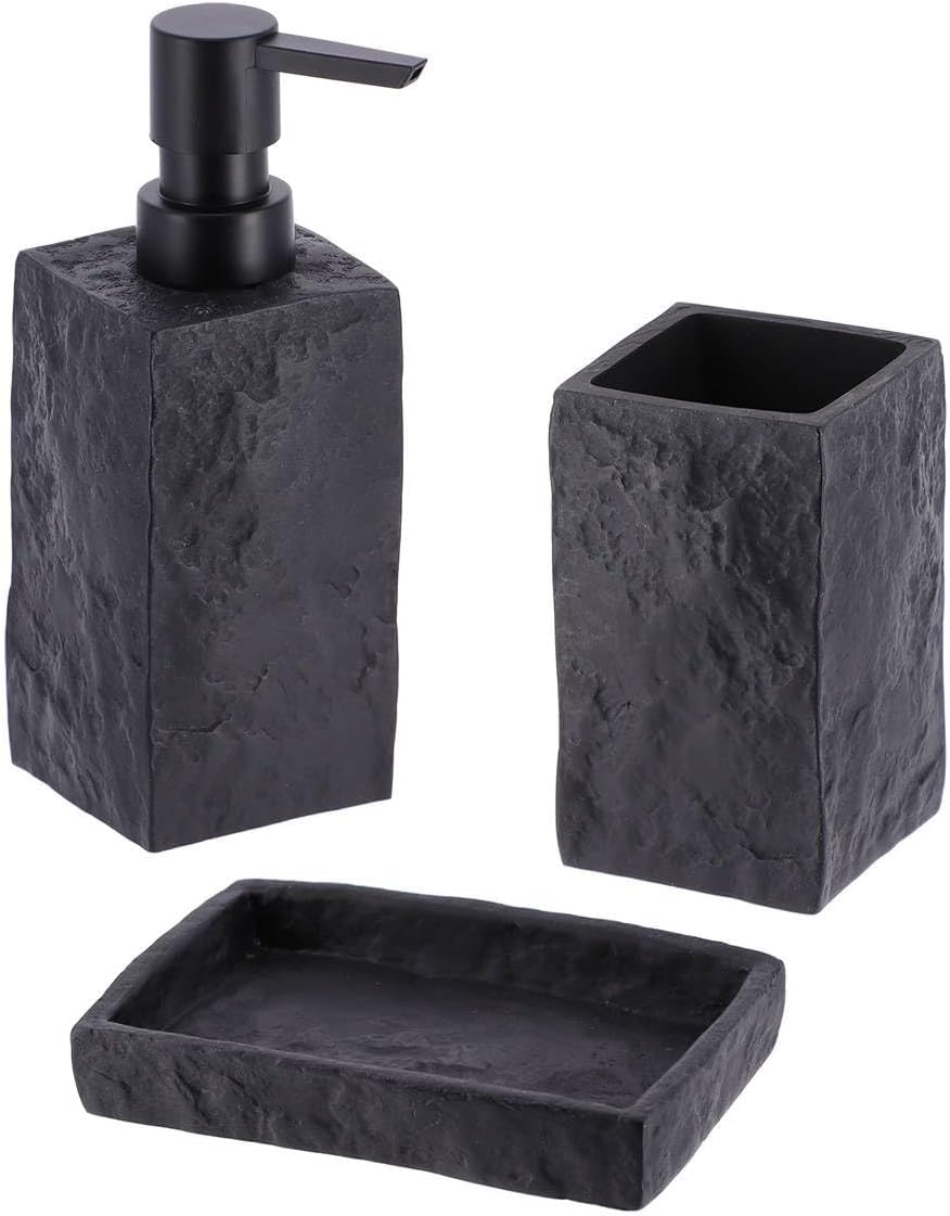 Badezimmer-accessoire-set – 3-teilig – Schwarzes Polyresin In Steinoptik – Seifenschale Und Becherspender – Für Moderne Waschbecken