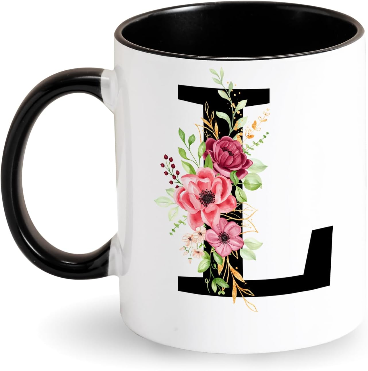 Schwarze Keramiktasse Mit Dem Buchstaben T – 1 Stück Mit Floralem Design – Personalisiertes Geschenk Für Frauen Und Mütter – Für Den Täglichen Gebrauch Für Kaffee Oder Tee – Größe L (350 Ml)