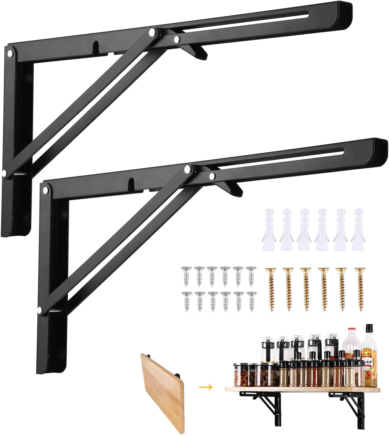 Klapphalterung – 2 Stück – Robuster, Schwarzer Stahl – Tragkraft Bis 70 Kg – Für Küche, Garage, Werkstatt – 400 X 195 Mm