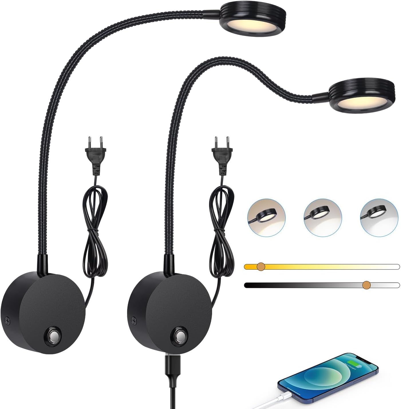 Wandleselampen – 2er-set – Schwarzes Metall – Dimmbares Licht Und Usb-anschluss – Für Schlaf- Und Wohnzimmer – 360° Drehbar