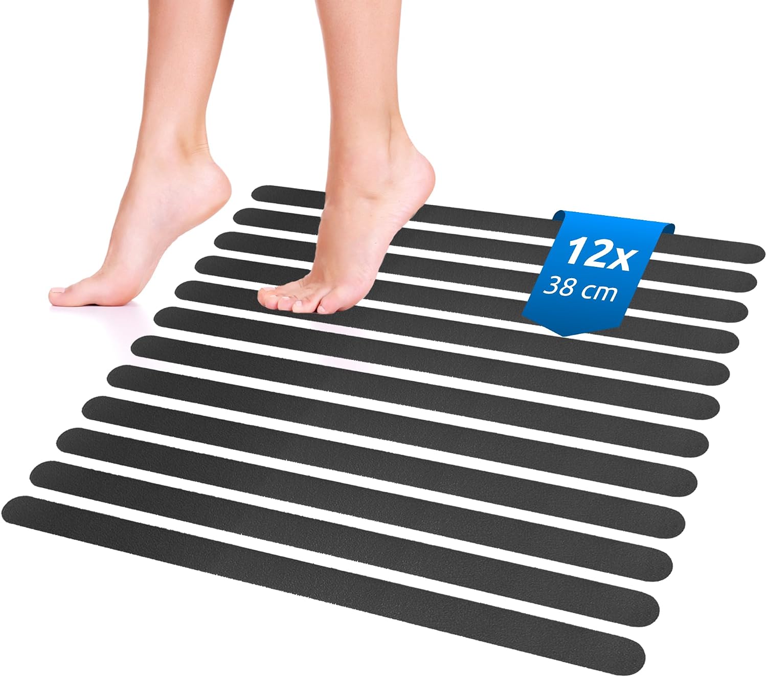 Antirutschstreifen – 12er-pack – Strapazierfähiger Schwarzer Kunststoff – Maximaler Halt Und Sicherheit – Dusche Und Badewanne – 50 X 5 Cm