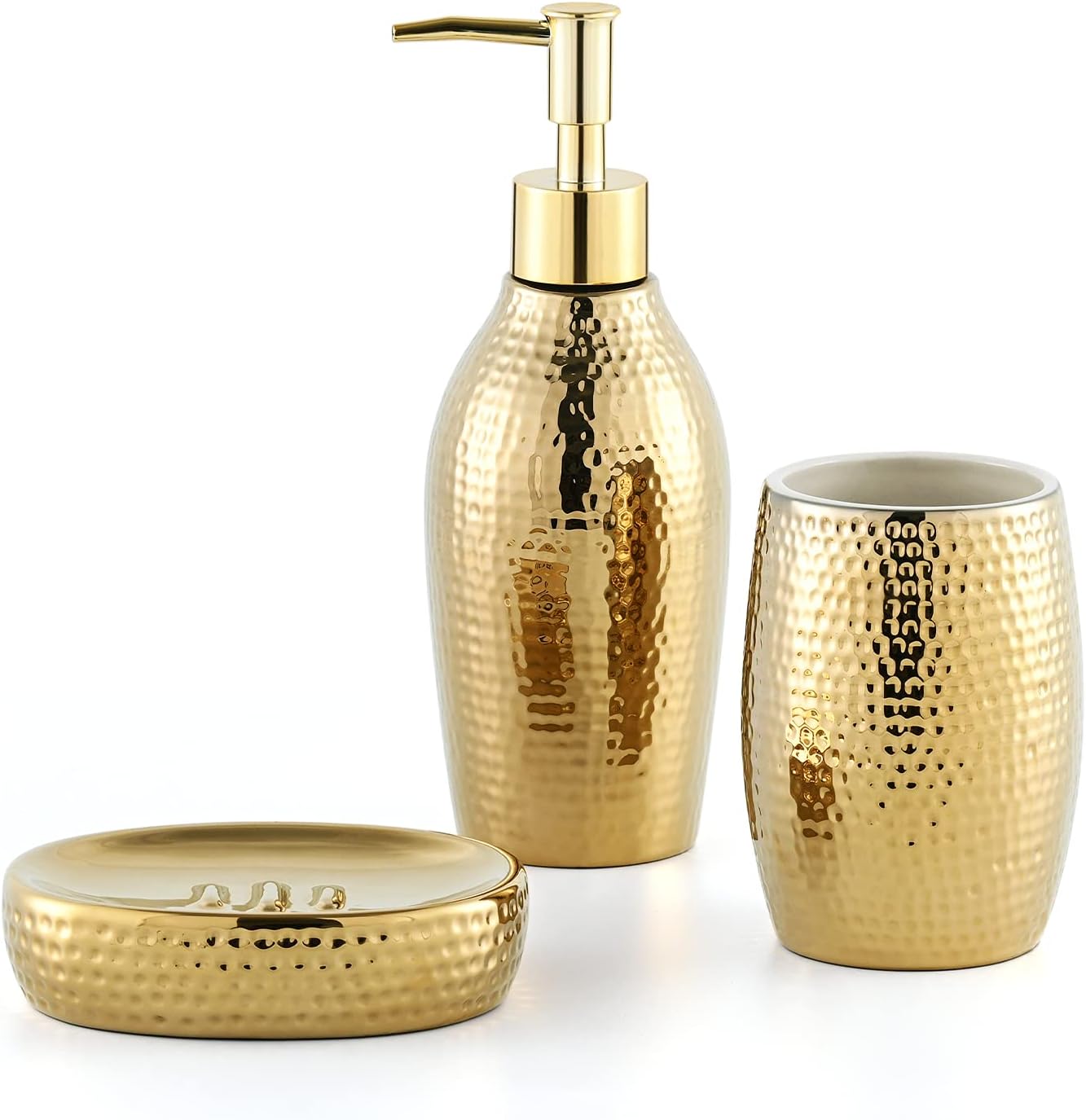 3-teiliges Badezimmer-accessoire-set – Gehämmertes Goldkeramik-design – Seifenspender Und Aufbewahrung – Für Wc Und Dusche – Luxuriöses Design