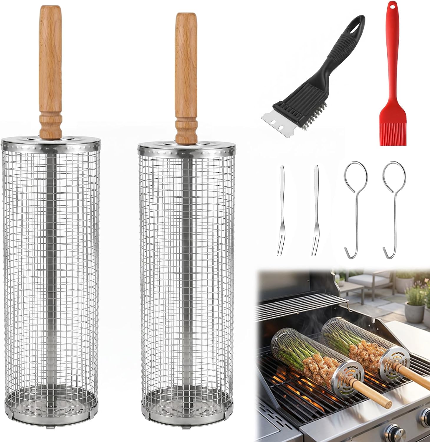 Rollbarer Grillkorb – 2er-set – Edelstahl 304 – Abnehmbarer Griff – Für Fleisch, Gemüse, Fisch – Camping, Garten