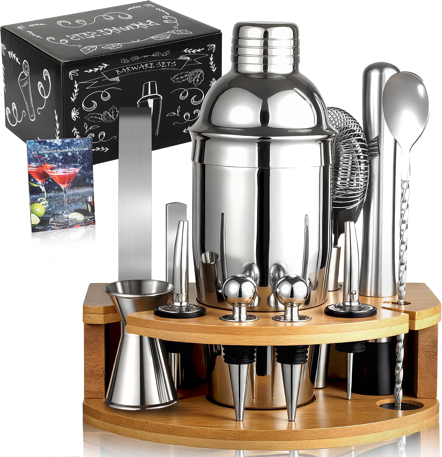 19-teiliges Cocktailset – 750-ml-edelstahl-shaker – Komplettes Barzubehör – Mit Bambusständer Und Rezeptbuch – Für Zuhause Und Partys