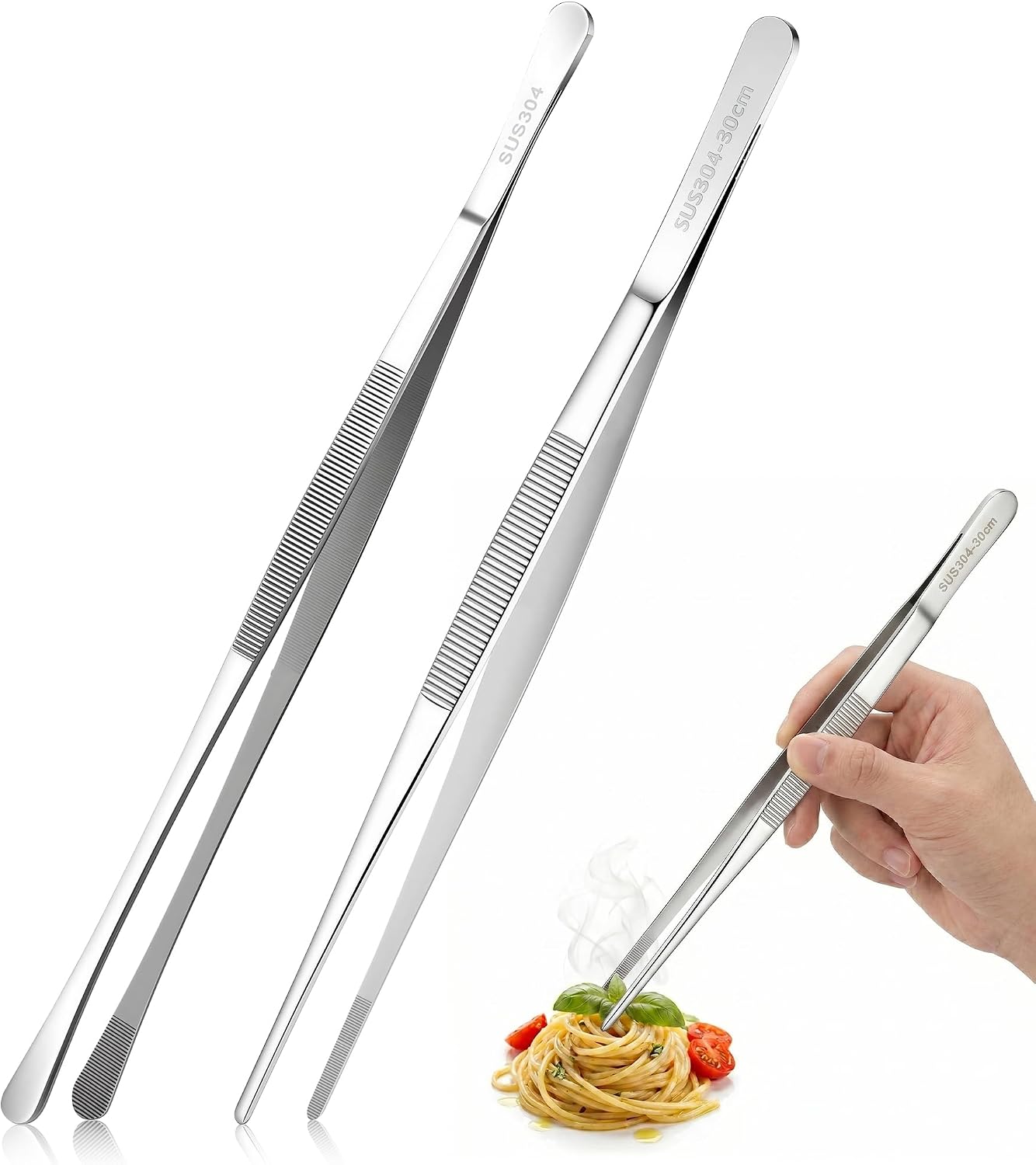 Set Mit 2 Küchenzangen Aus Edelstahl – 30 Cm – Runder, Dünner Kopf – Rutschfest – Zum Grillen Und Servieren