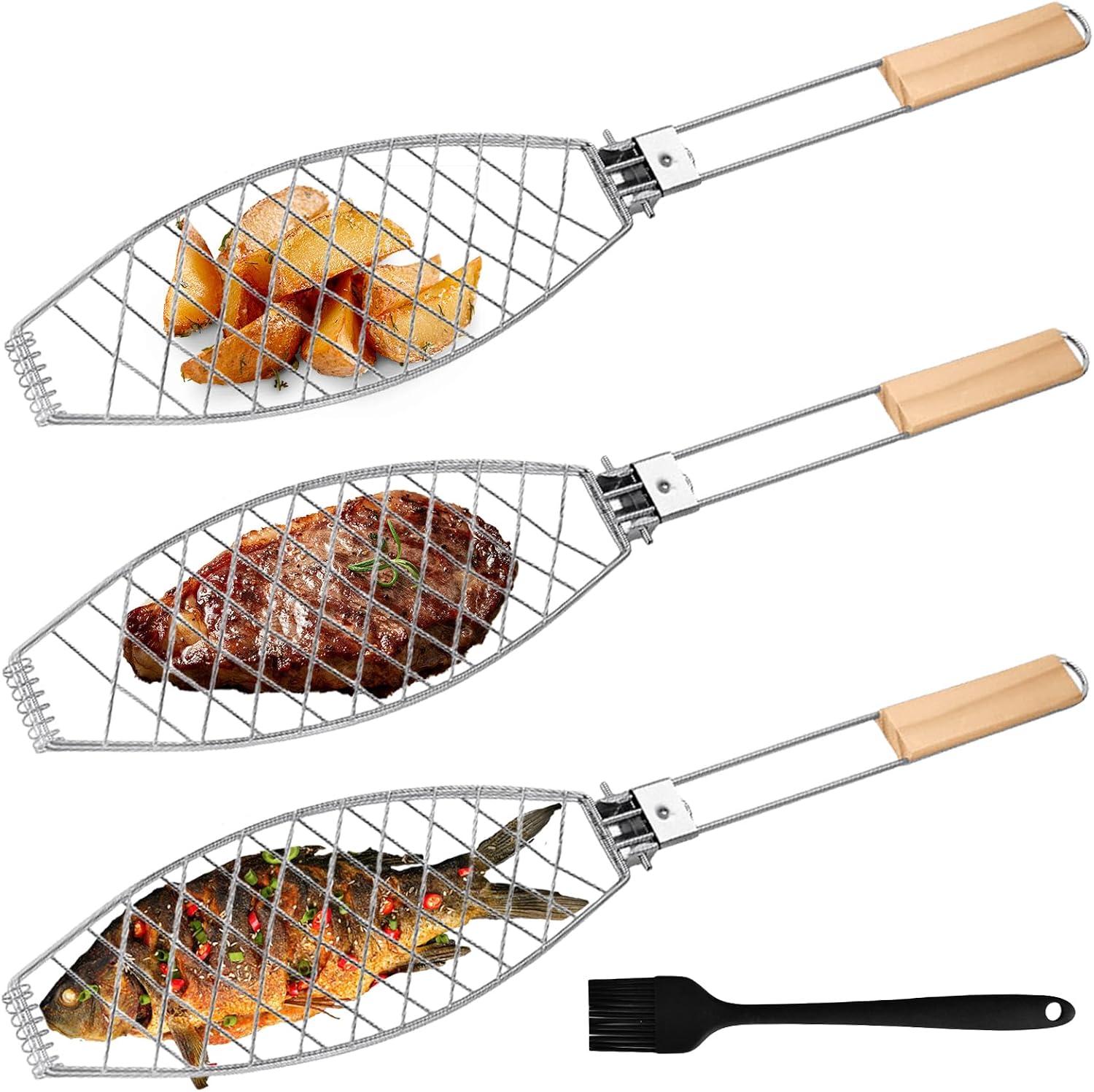 Fischspieß – 3er-set – Edelstahl – Holzgriff – Hitzebeständig – 63 X 12 Cm
