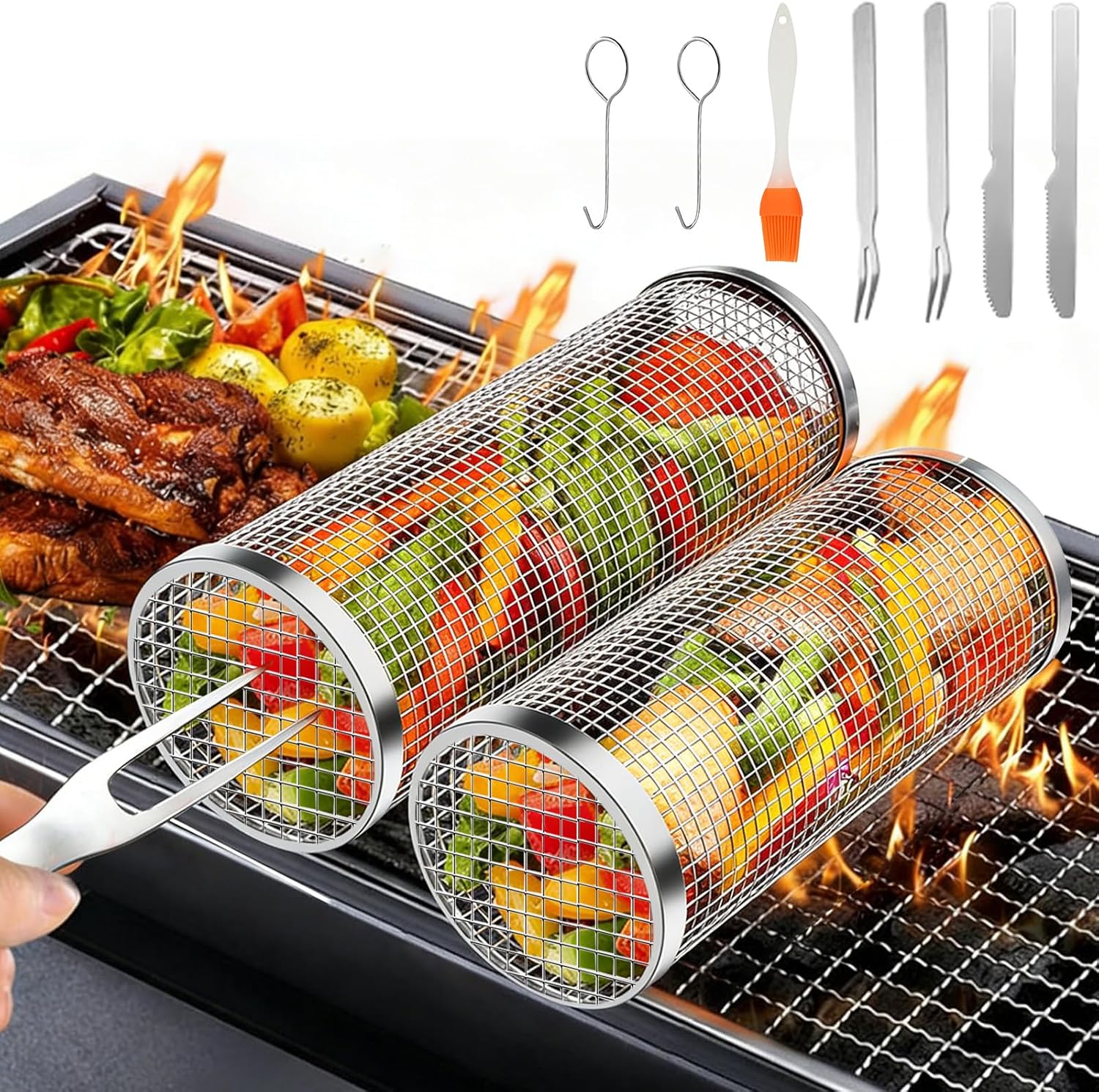 Drehbarer Grillkorb, 2-teilig, Edelstahl 304, Gleichmäßiges Garen Von Gemüse Und Fisch, Für Outdoor-camping Und Garten