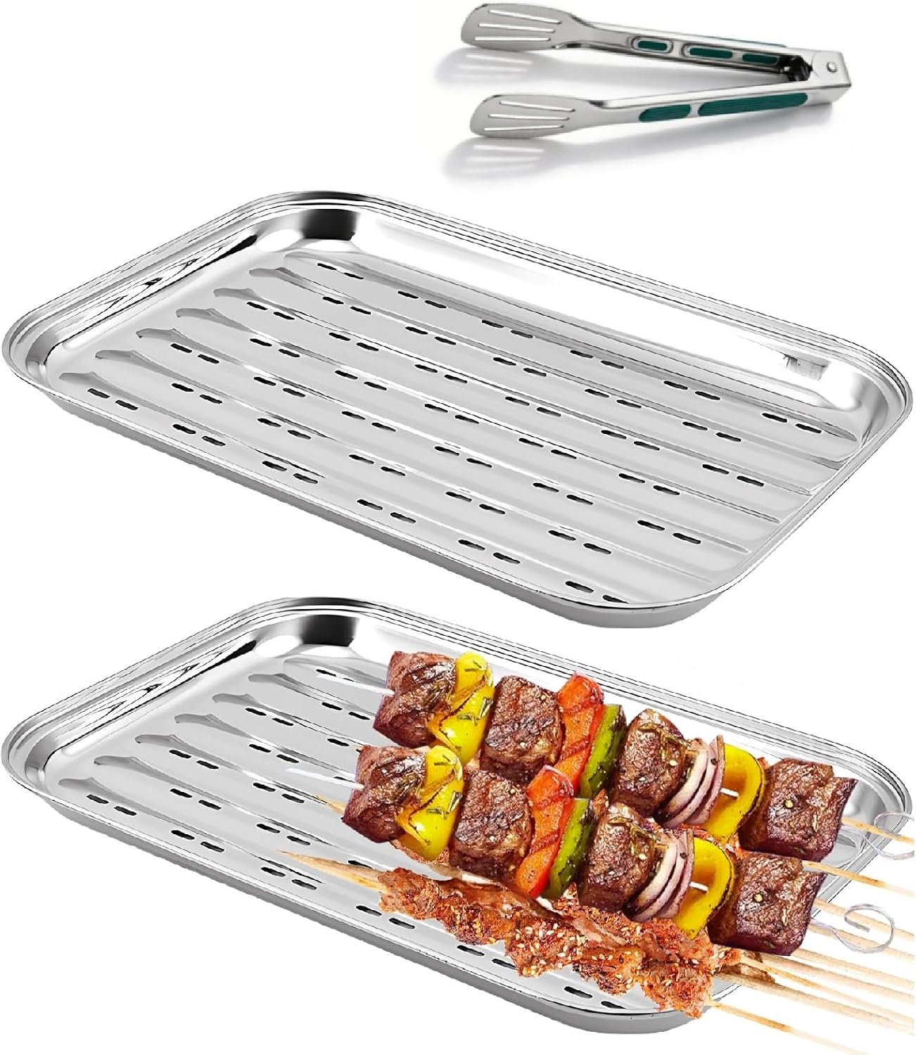 Grillplatte Aus Edelstahl – 2er-set – Perforiert – Wiederverwendbar – Für Gas-, Holzkohle- Und Elektrogrills – 34,5 X 24,2 Cm