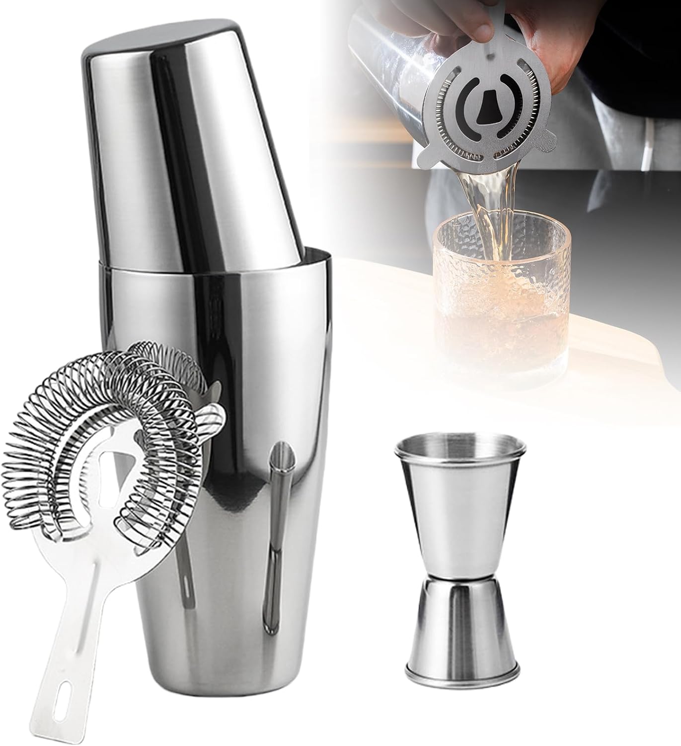 Boston Cocktailshaker – 2-teilig – Edelstahl – Mit Filter Und Messbecher – Für Die Haus- Und Profibar – 600 Und 450 Ml