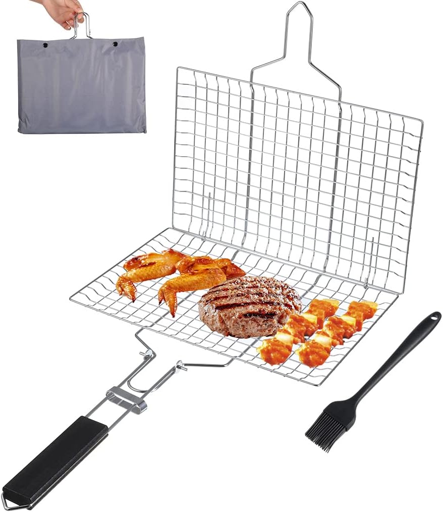 Grillkorb Aus Edelstahl – 1 Stück – Faltbar Mit Holzgriff – Verriegelbarer Grillrost Für Fisch Und Gemüse – 32 X 22 Cm